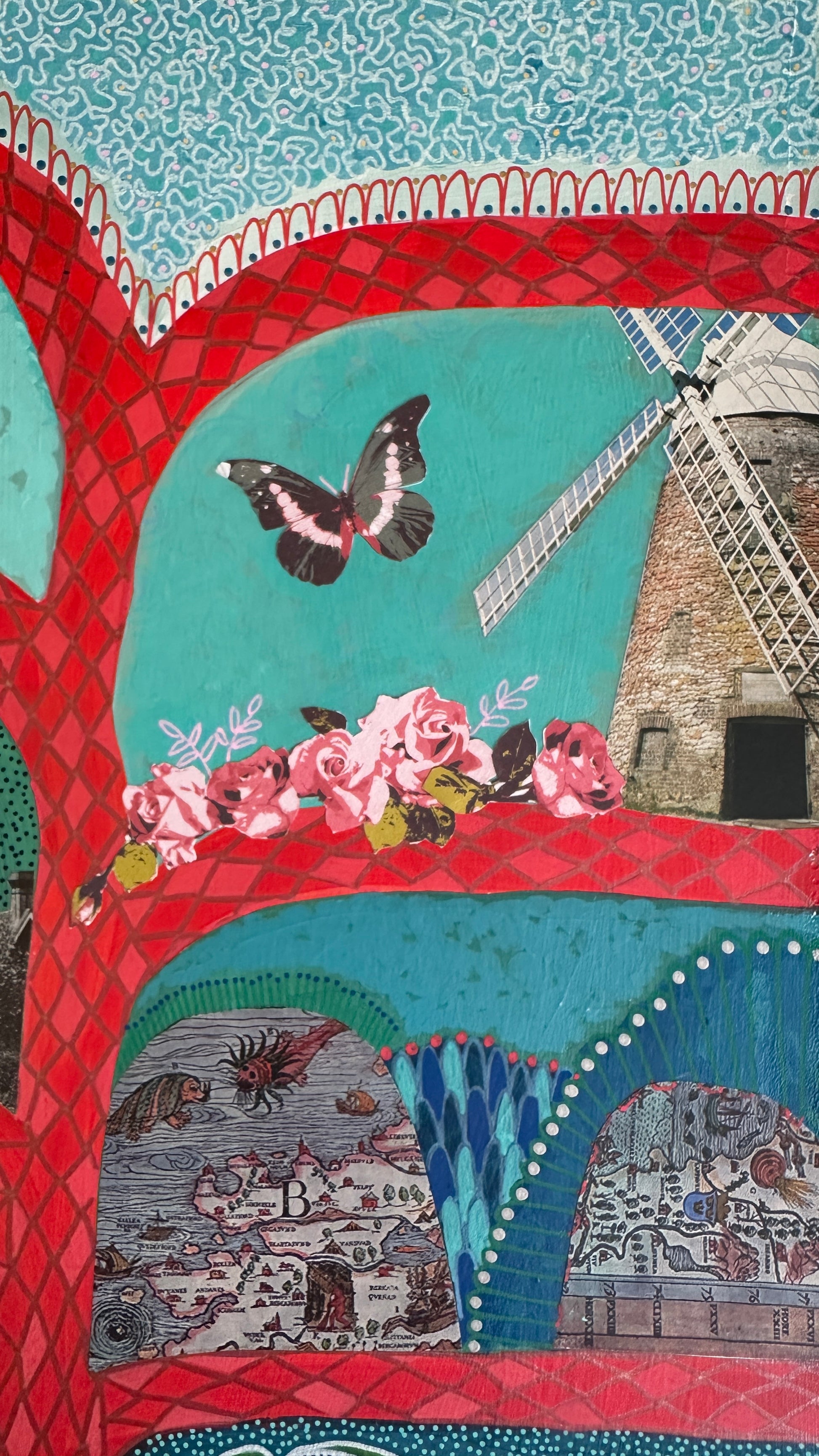 Colorful tapestry with floral patterns, a butterfly, and architectural elements.