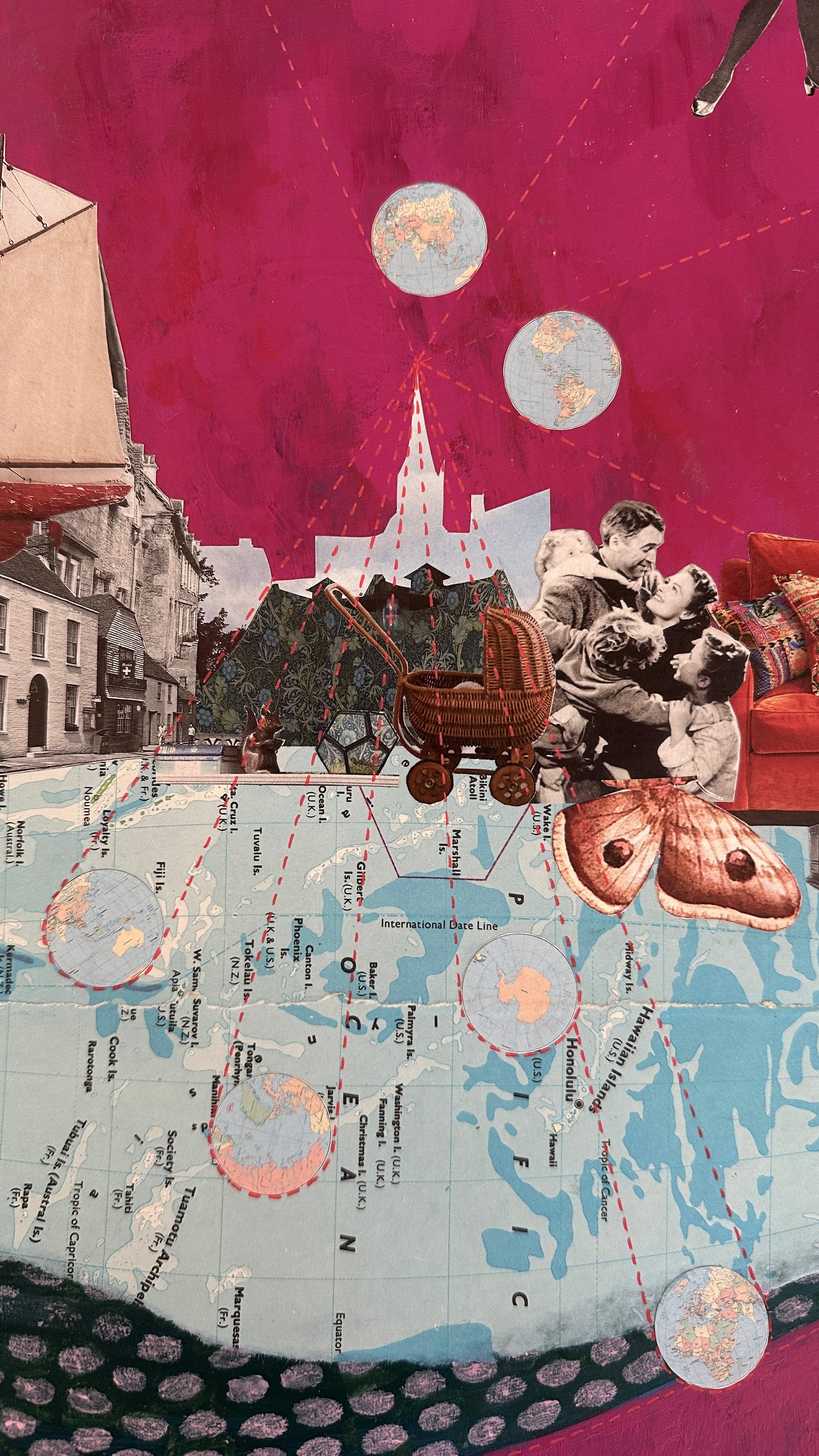 Collage with vintage elements including a map, buildings, and people against a pink background.