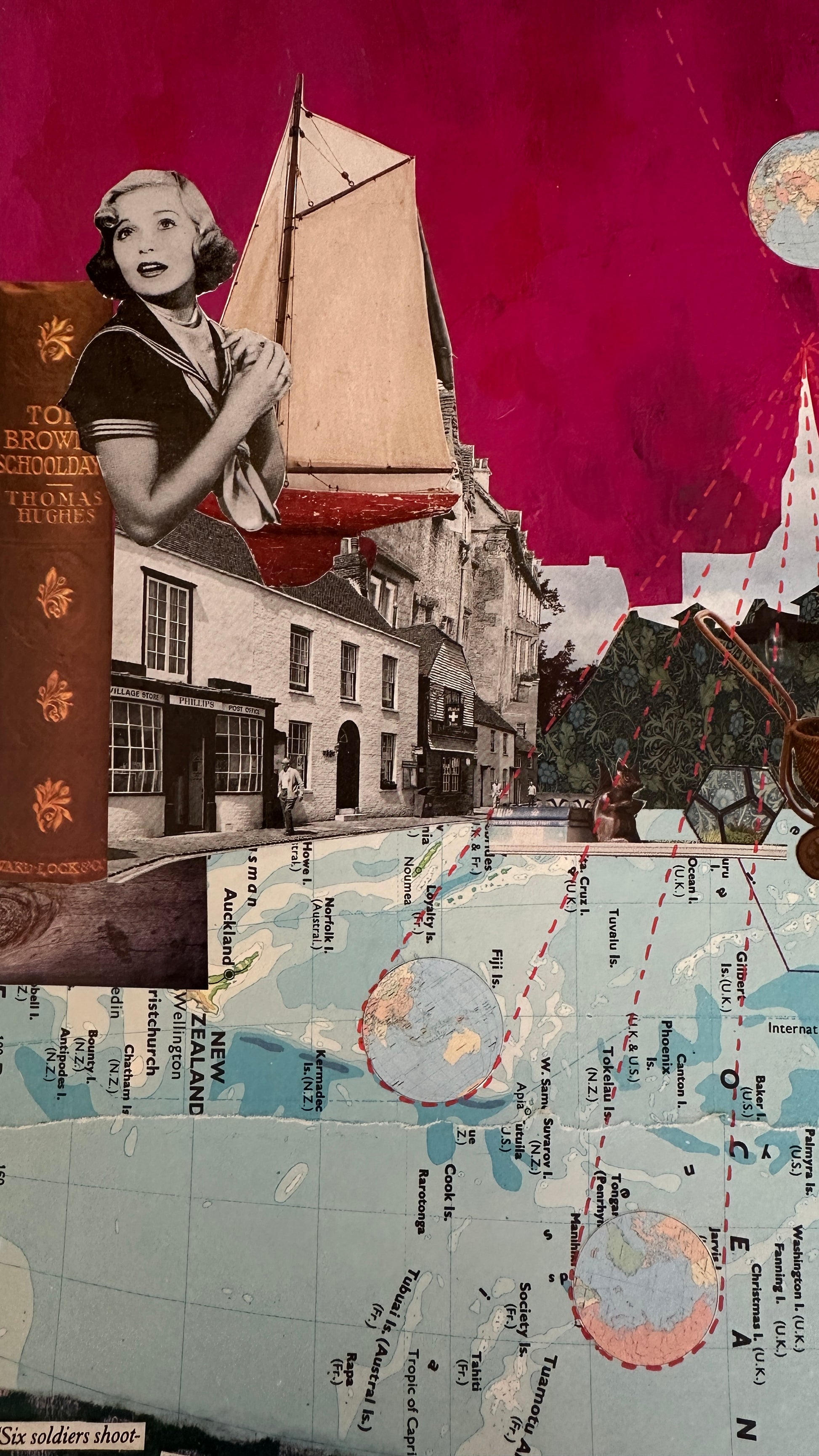 Collage with vintage-style woman, sailboat, and map on a pink background