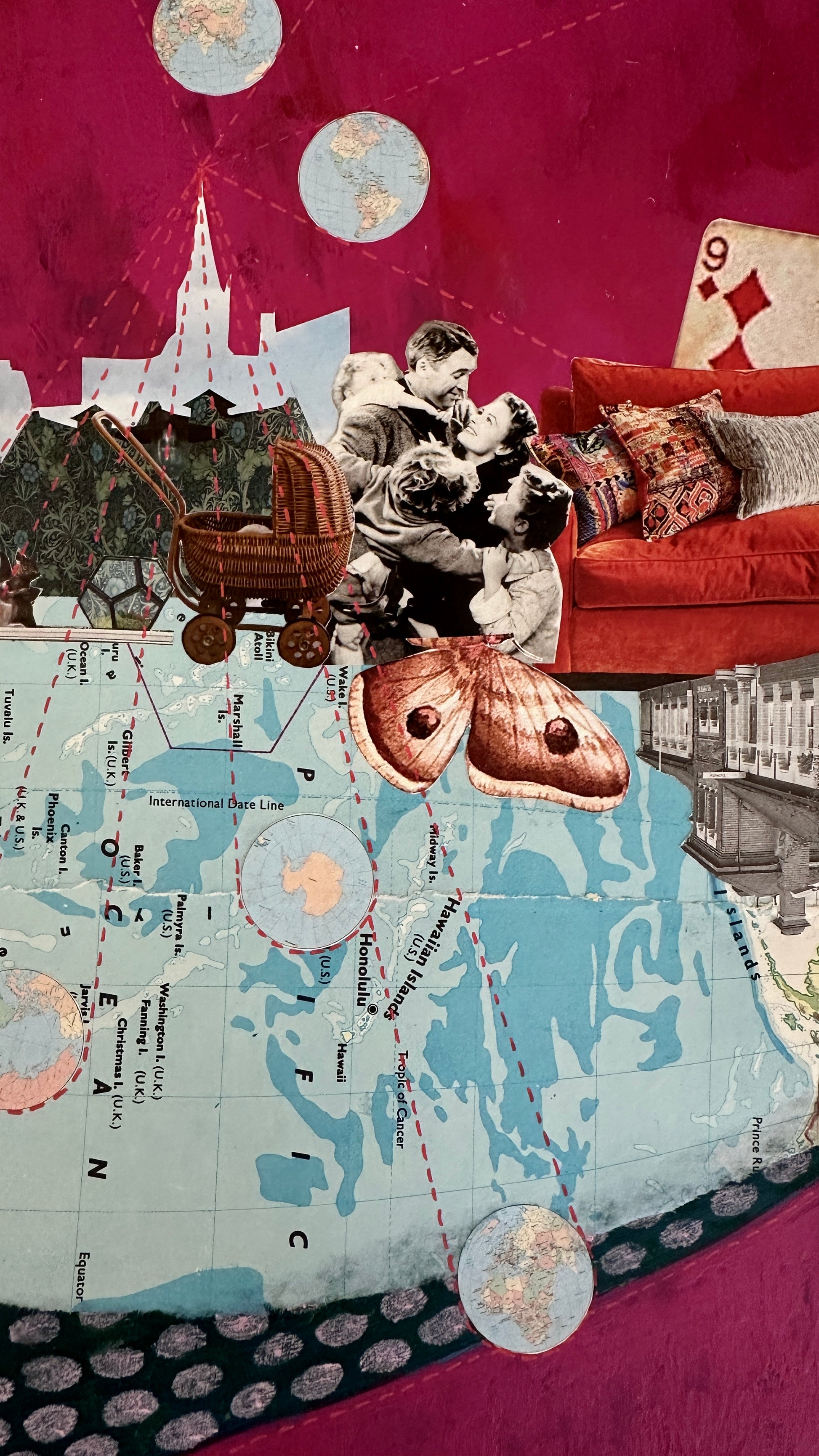 Collage with a map, red couch, and vintage elements on a pink background