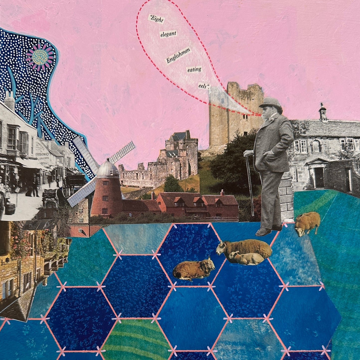 Collage with vintage elements, including a castle, people, and animals on a pink background.