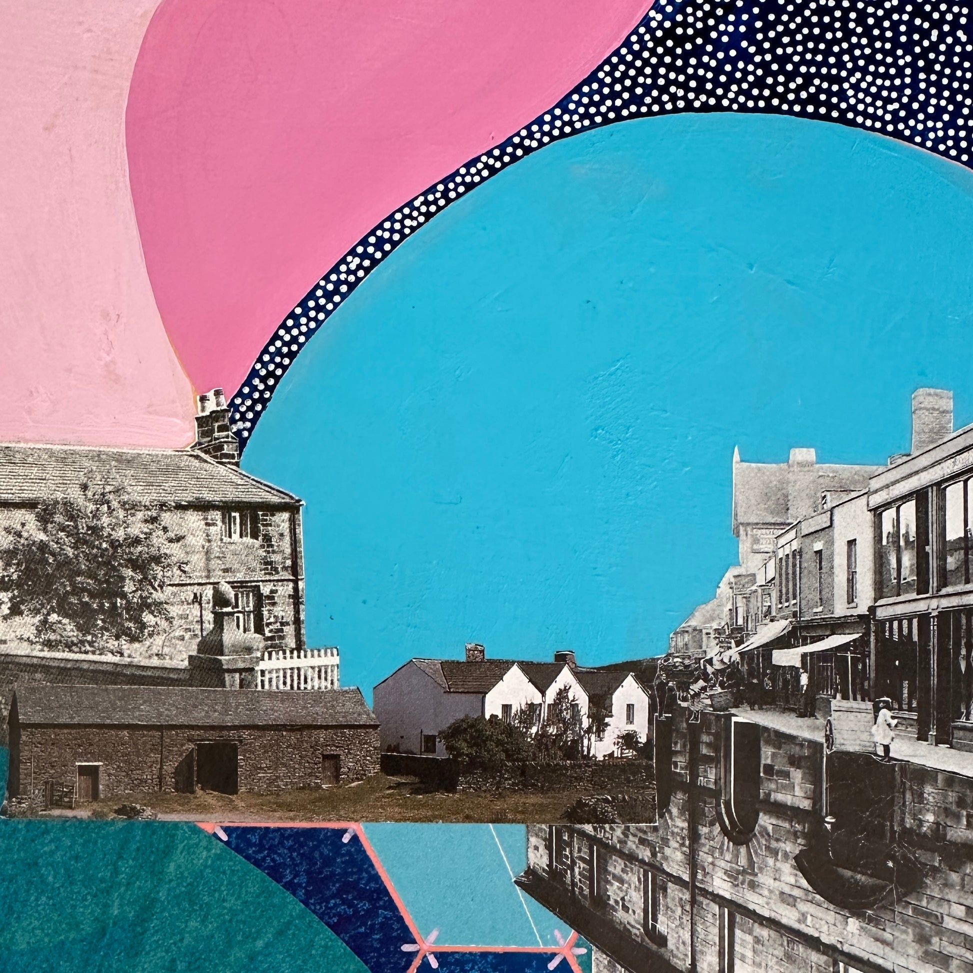 Collage of a town scene with geometric shapes overlayed on top