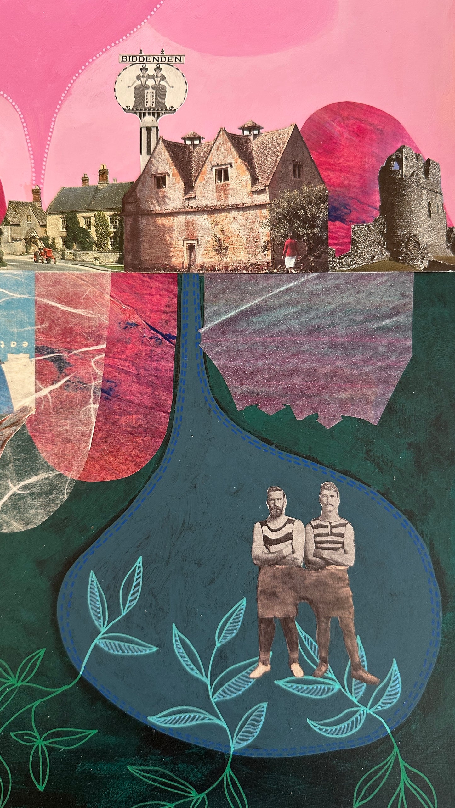 Collage with two people standing together, buildings, and abstract shapes on a pink and green background.