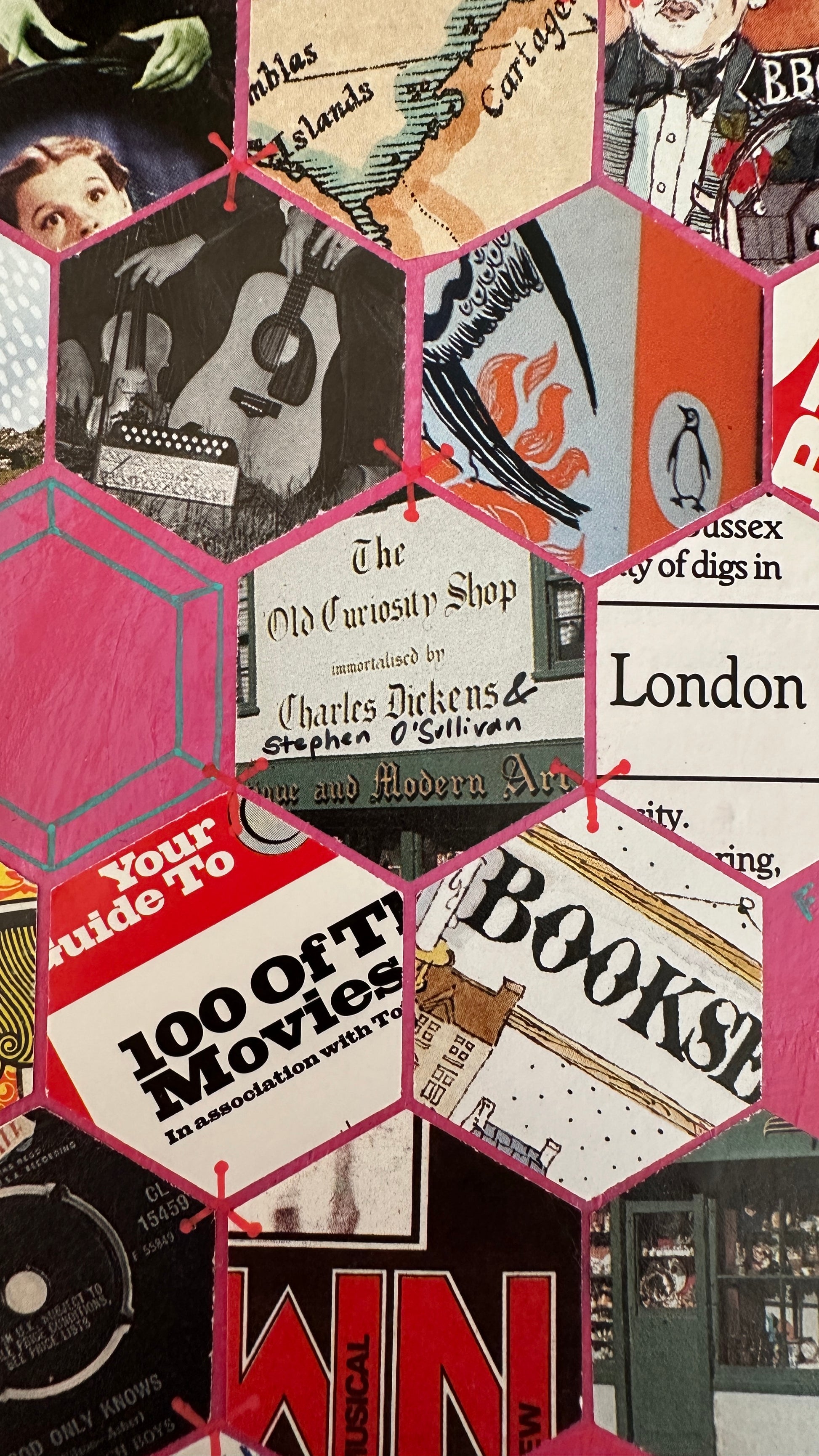 Collage of vintage-style book covers and movie posters with a central hexagonal design.