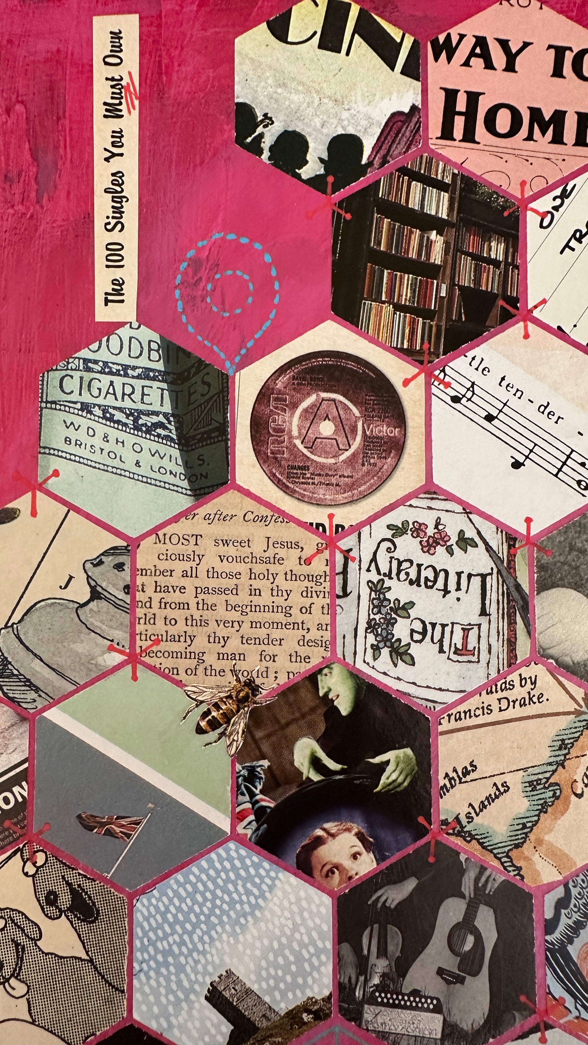 Collage of vintage-style hexagonal tiles with text and images on a pink background