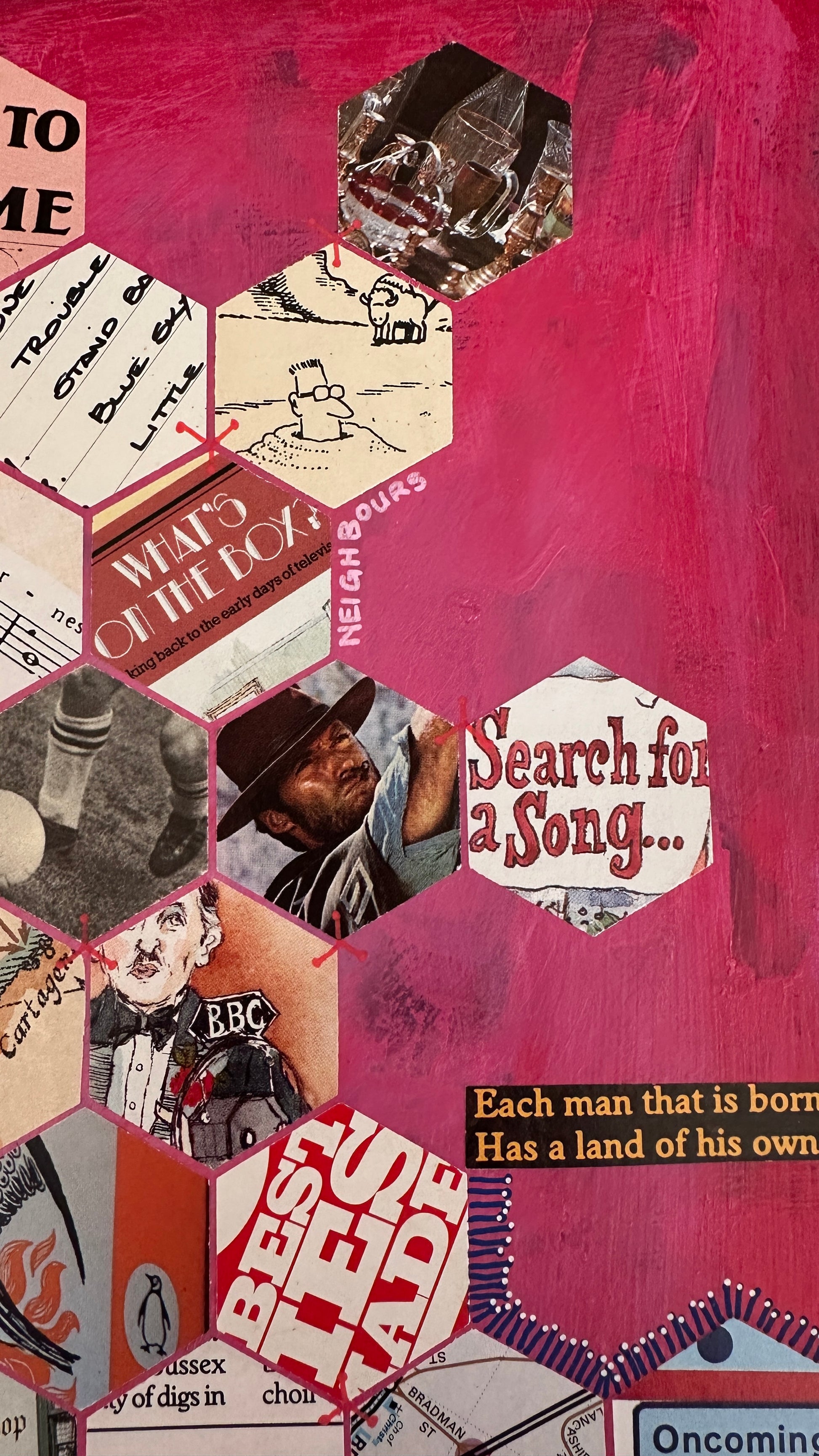 Collage of vintage-style images and text on a pink background