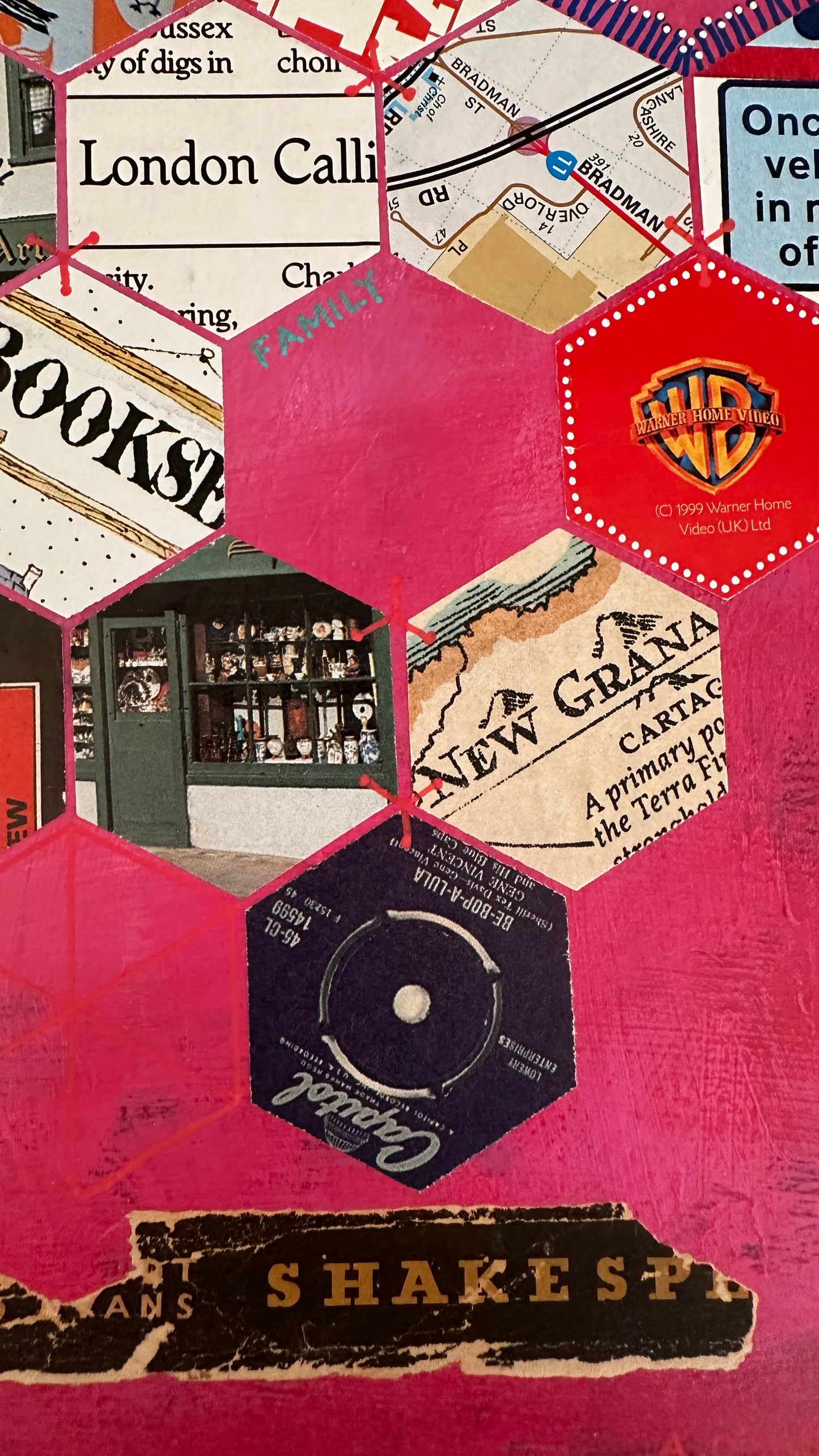 Collage of vintage bookshop sign, London Calling album cover, and other elements on a pink background.