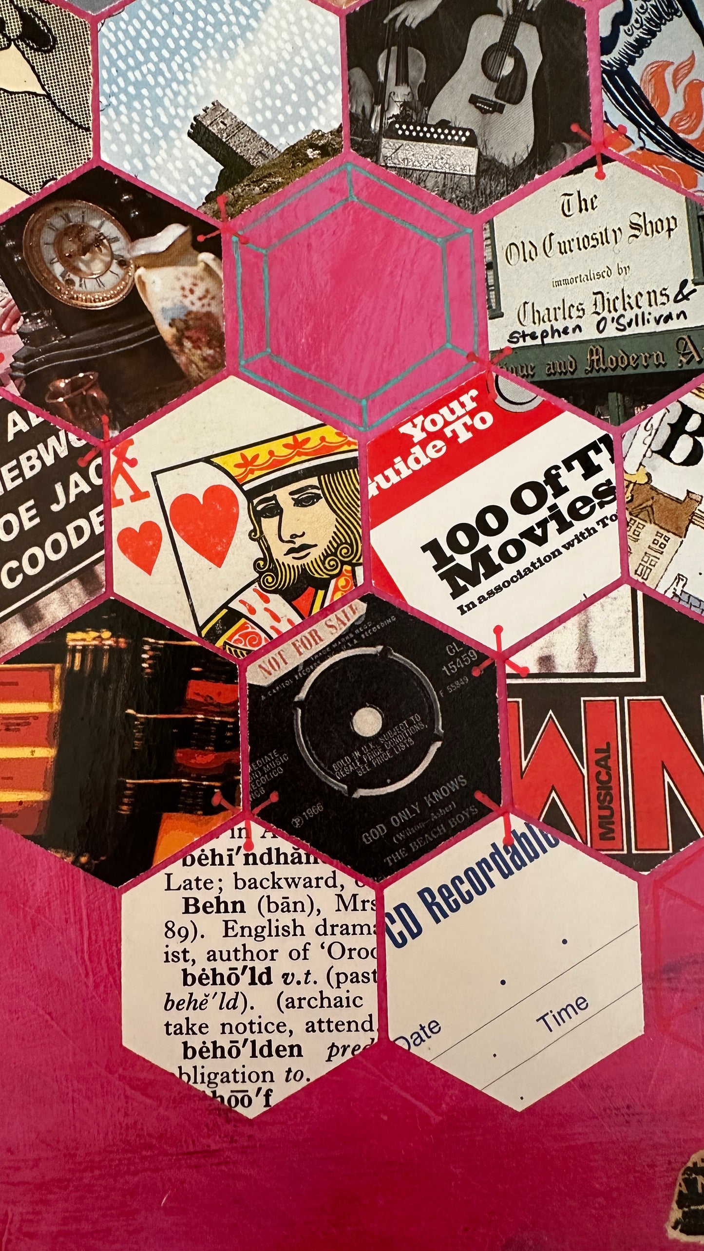 Collage of vintage movie posters and film-related items on a pink background