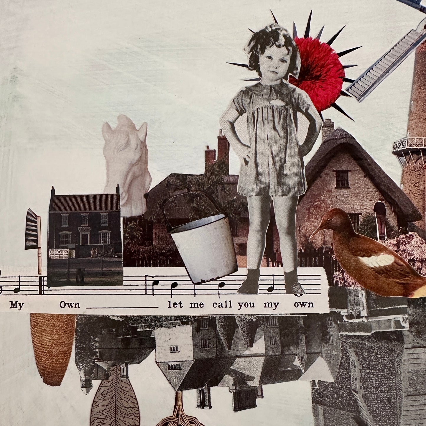 Collage with a girl, musical notes, and various objects on a textured background