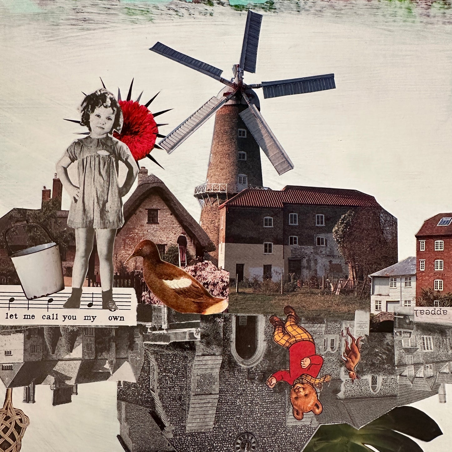 Collage with windmill, girl with umbrella, and various elements on a textured background