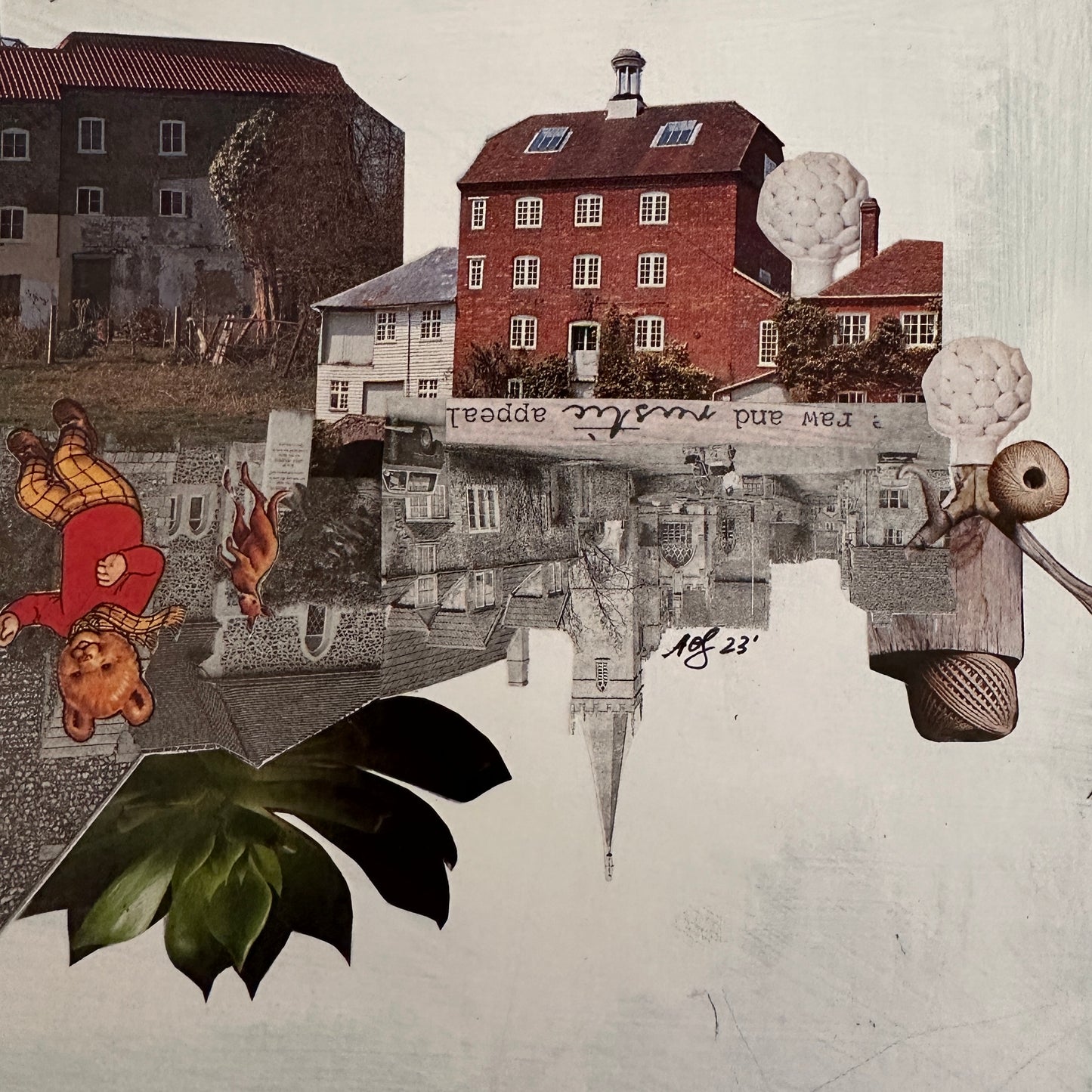 Collage with buildings, animals, and abstract elements on a textured background