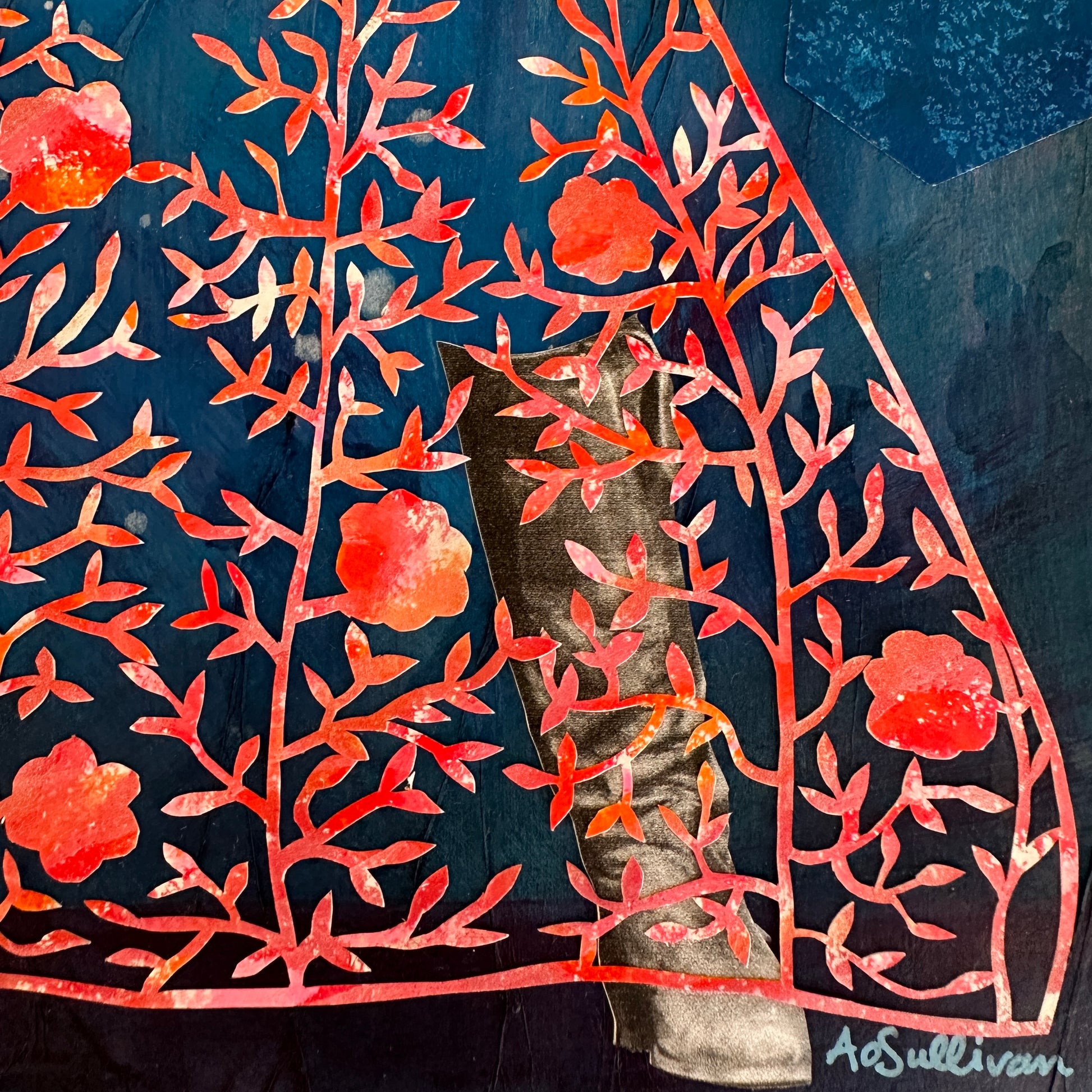 Artistic depiction of a cat among red floral and leaf patterns on a dark background