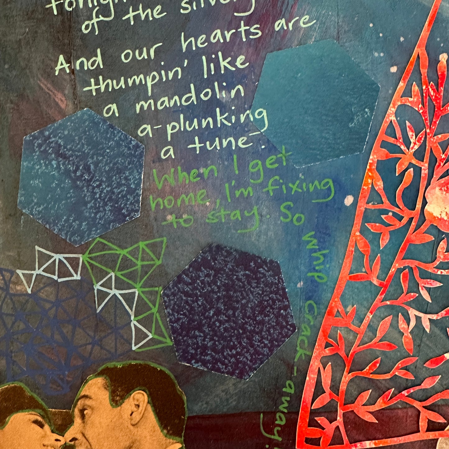 Artistic collage with geometric shapes, text, and a couple embracing.