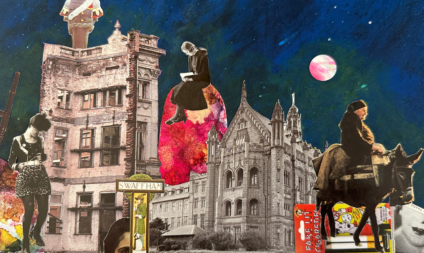 Collage of buildings, people, and a donkey with a pink moon in the sky.