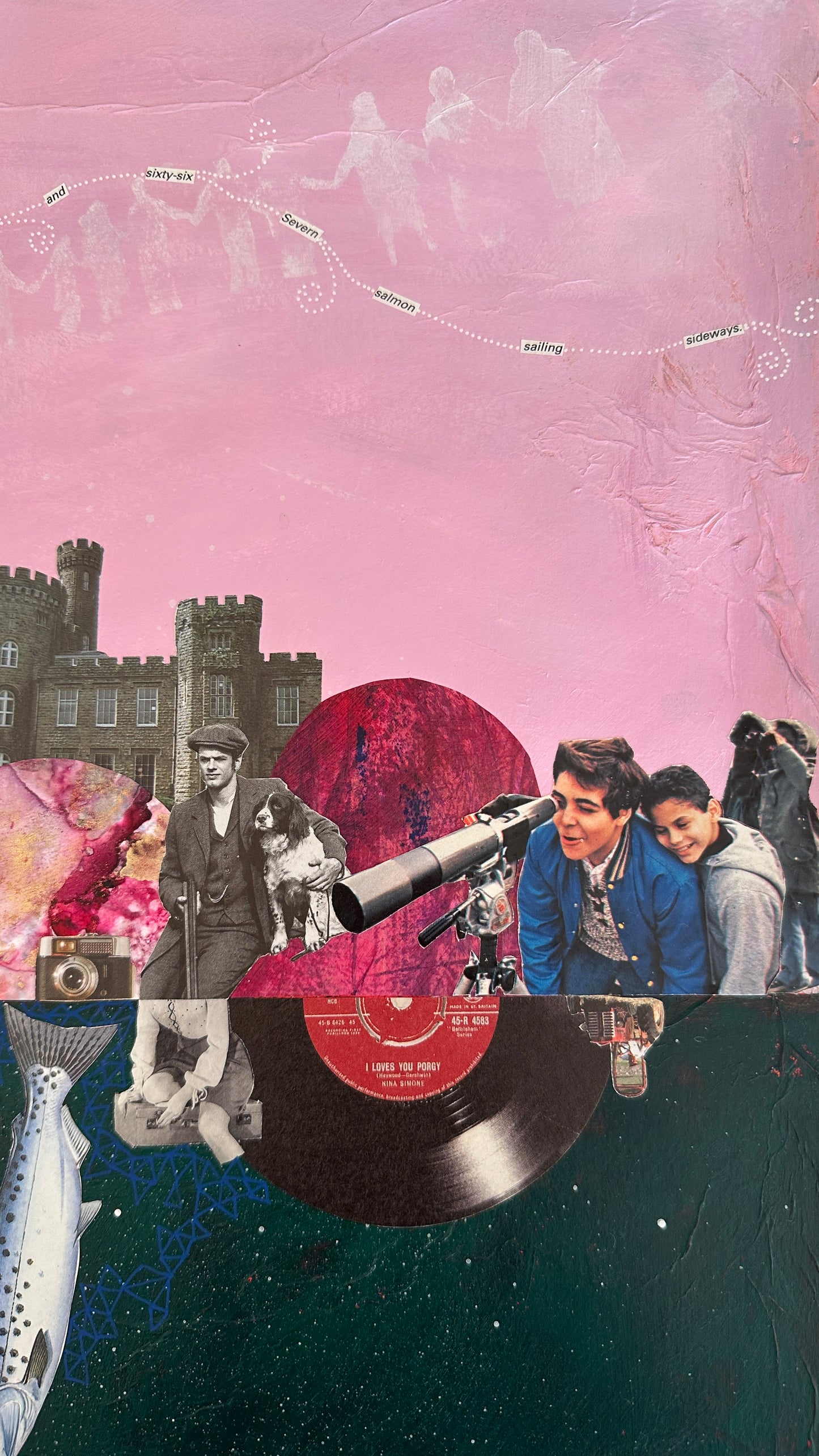 Collage with vintage elements including a castle, people with a dog, and a record on a pink and blue background.
