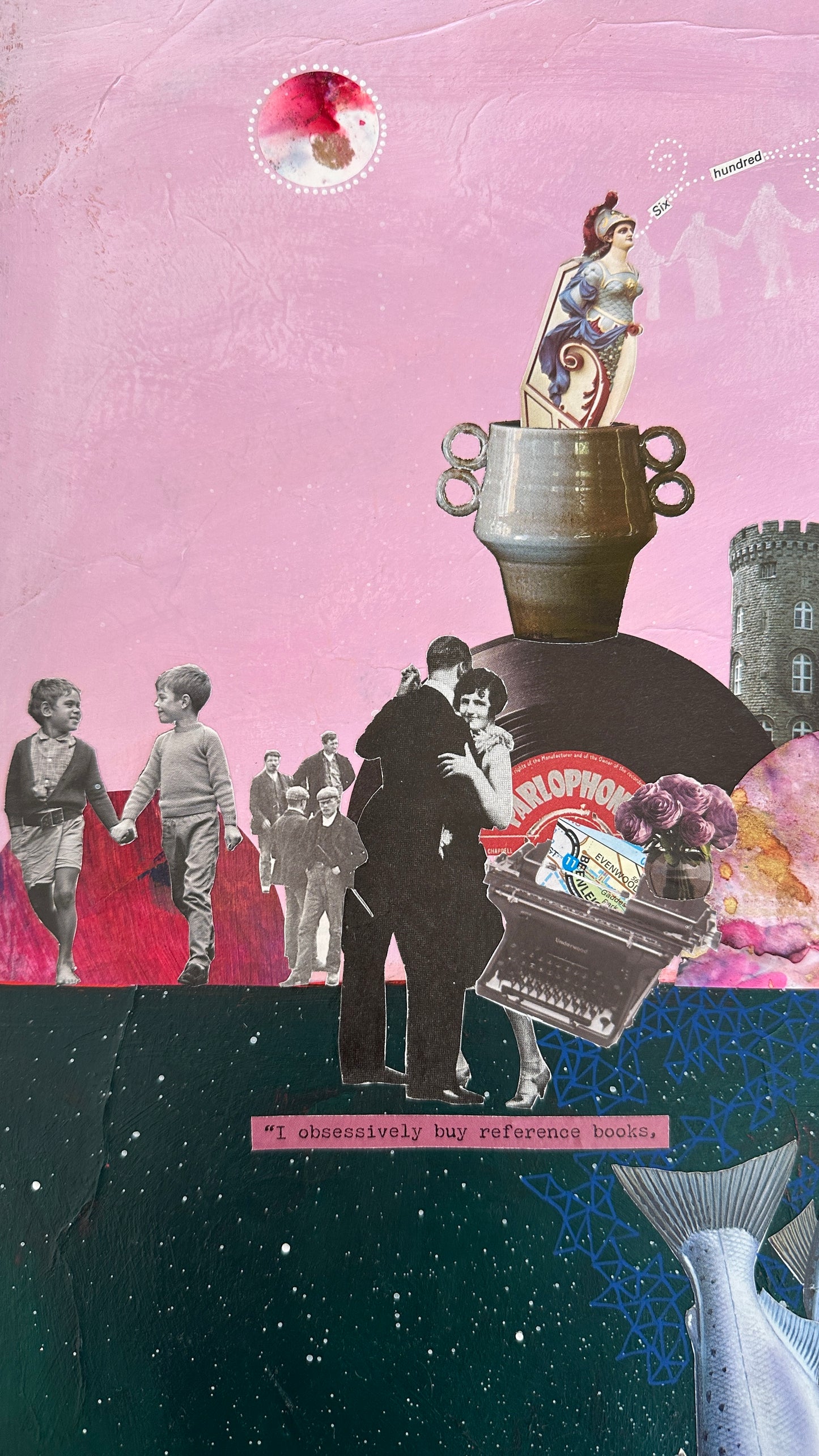 Collage with vintage elements, people, and a castle on a pink background
