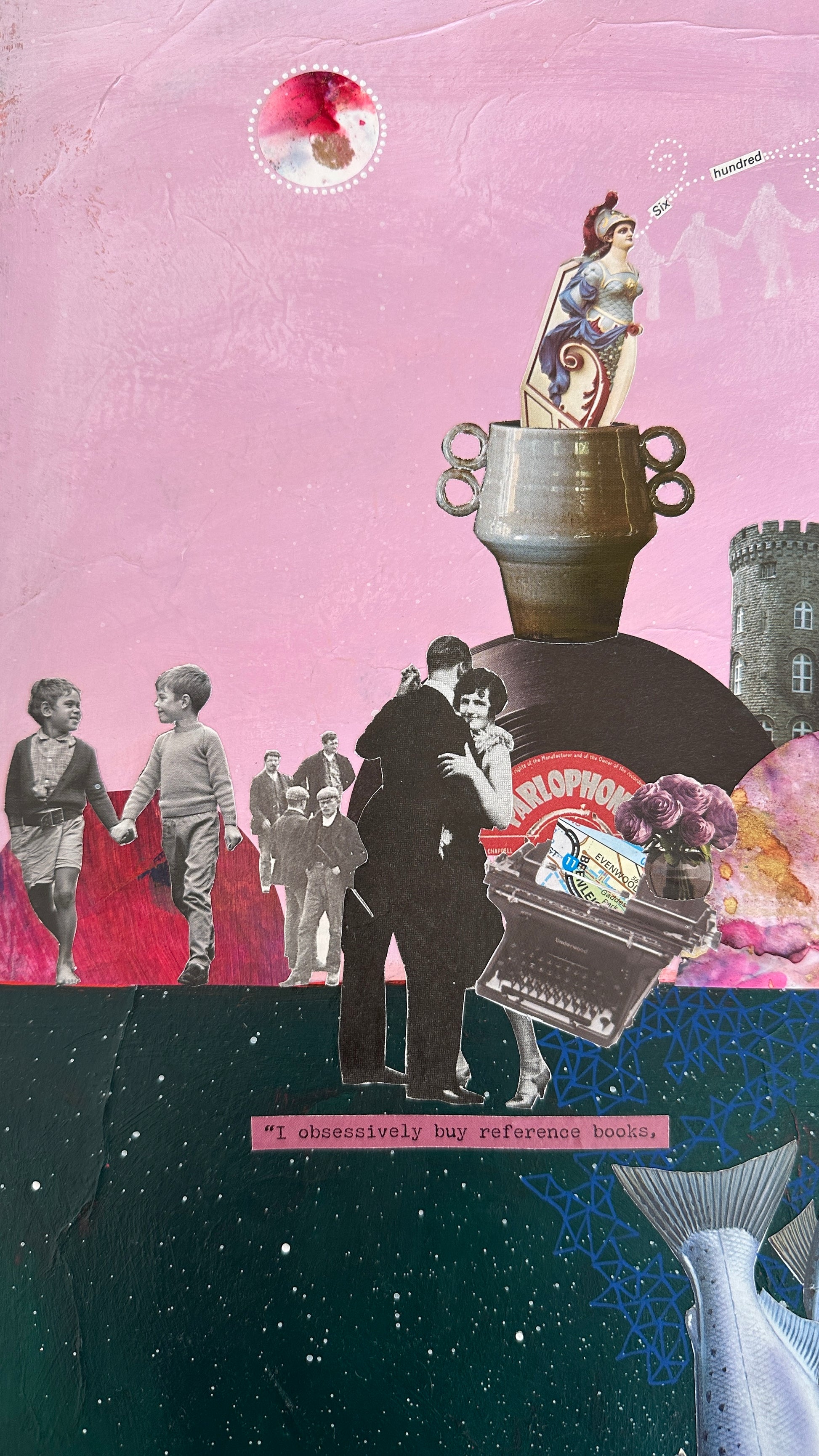 Collage with vintage elements, people, and a castle on a pink background