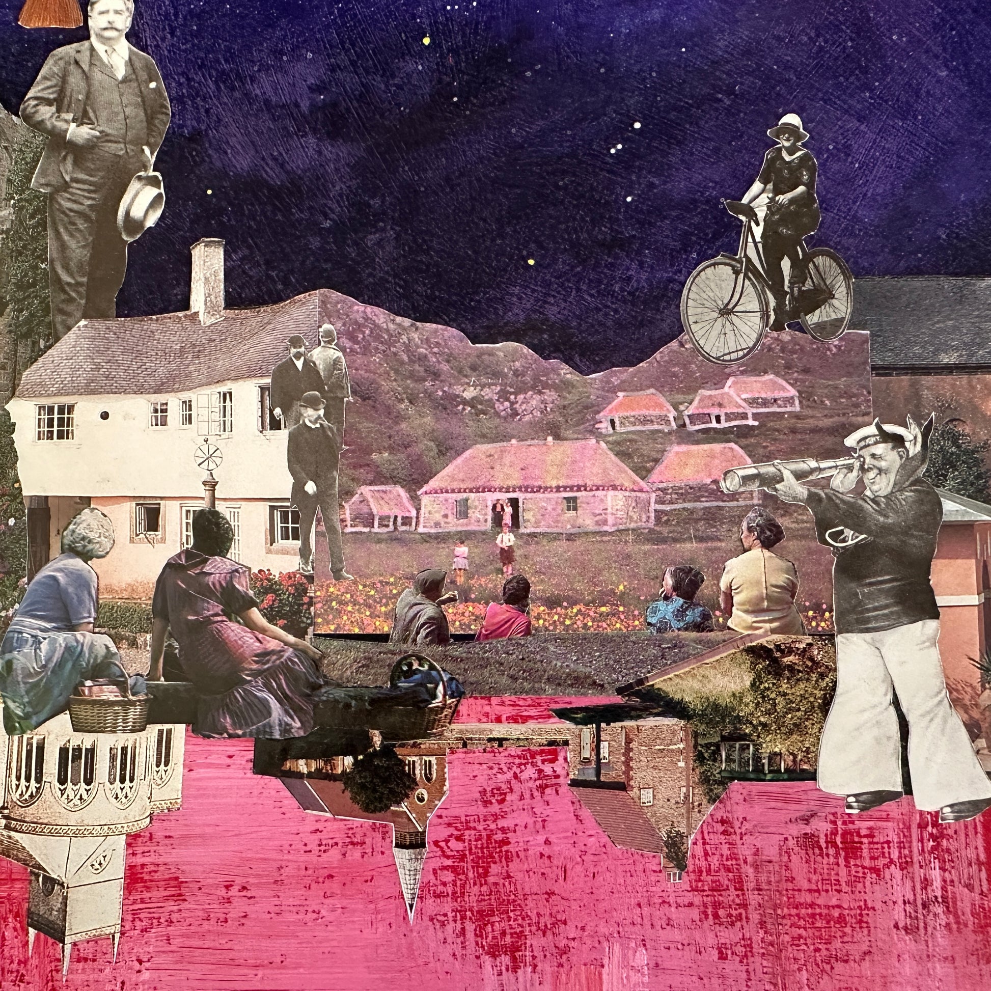 Collage of people in a garden with vintage elements and a night sky.