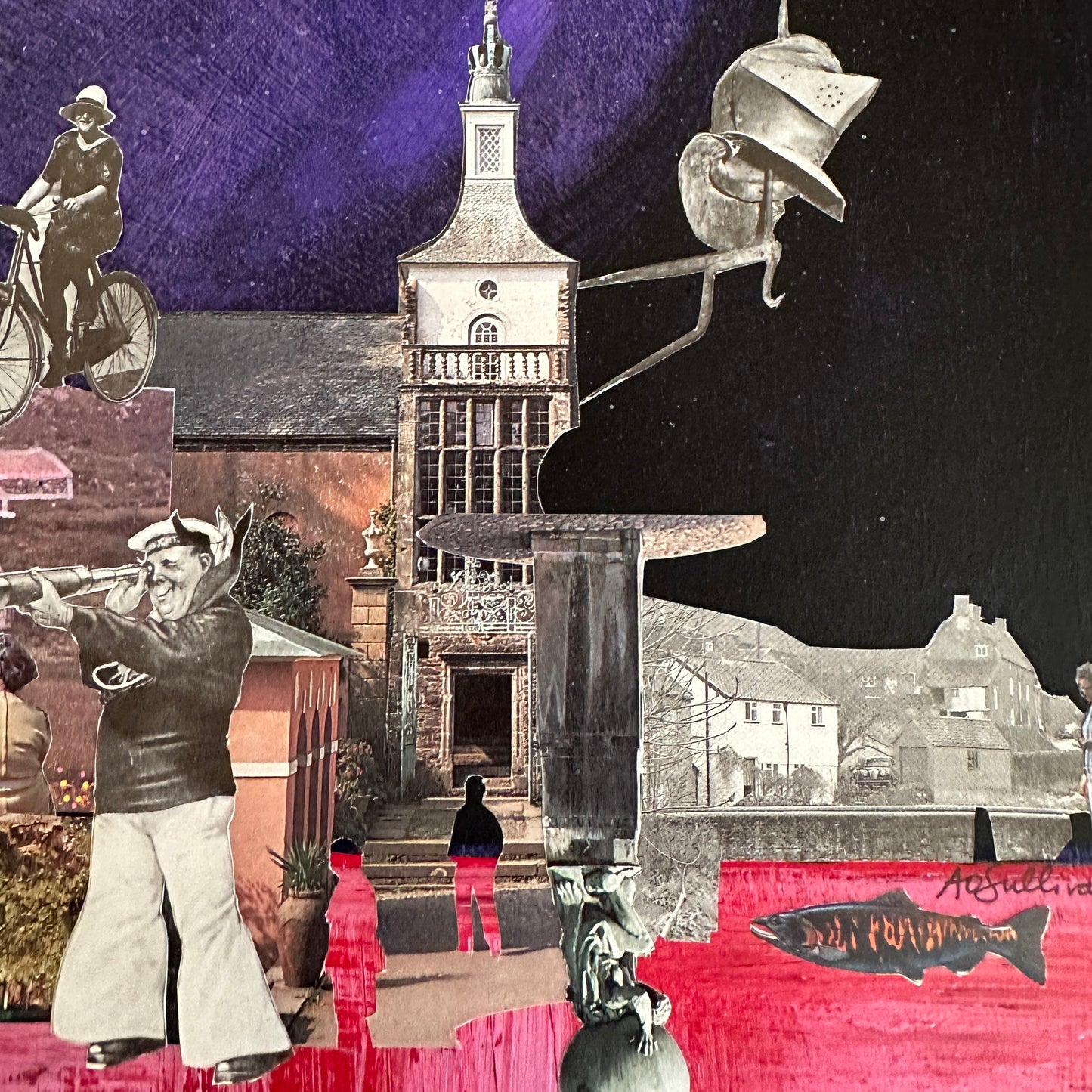 Collage of vintage-style images with a church, people, and a fish on a red background.