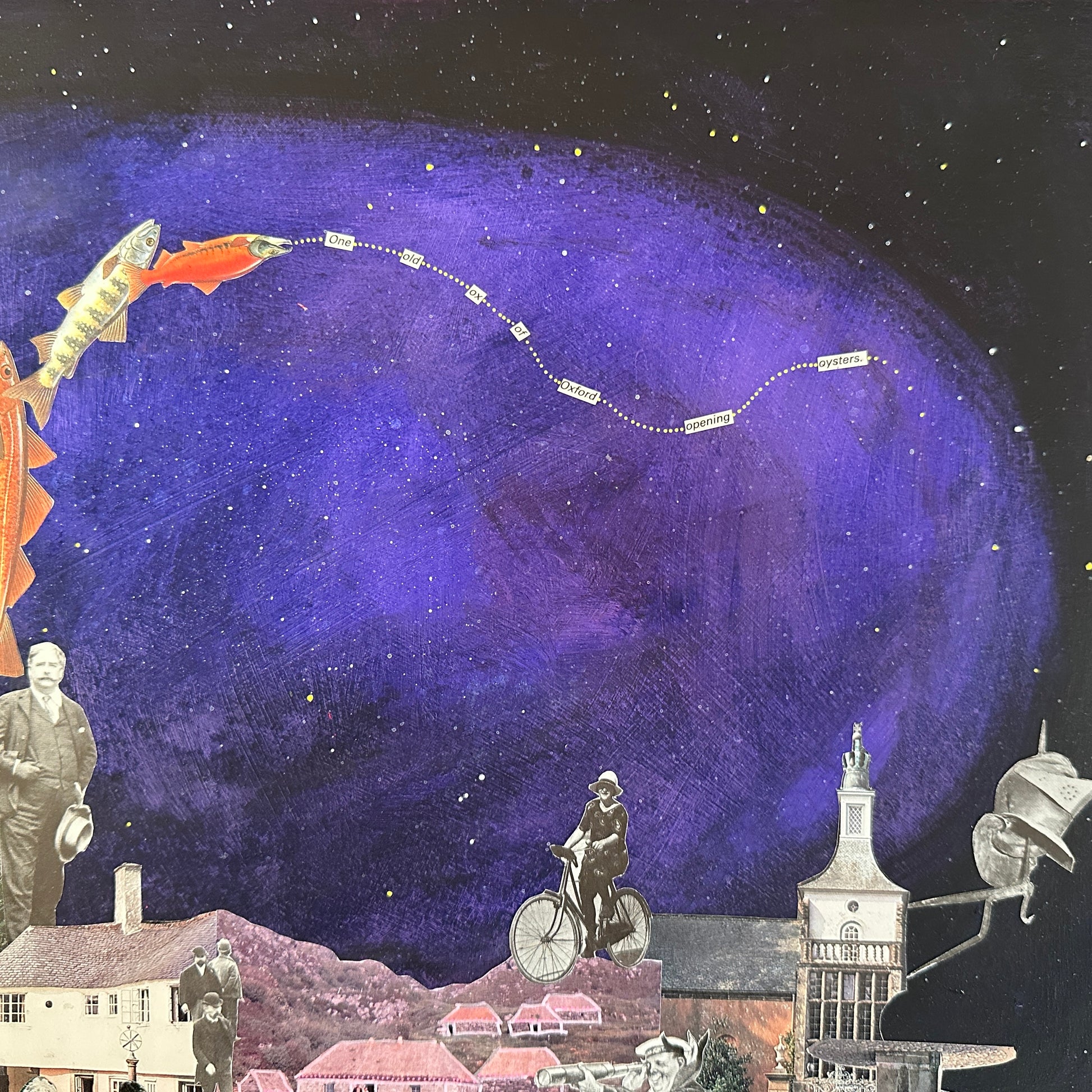 Collage of a rocket launching into space with a cityscape below