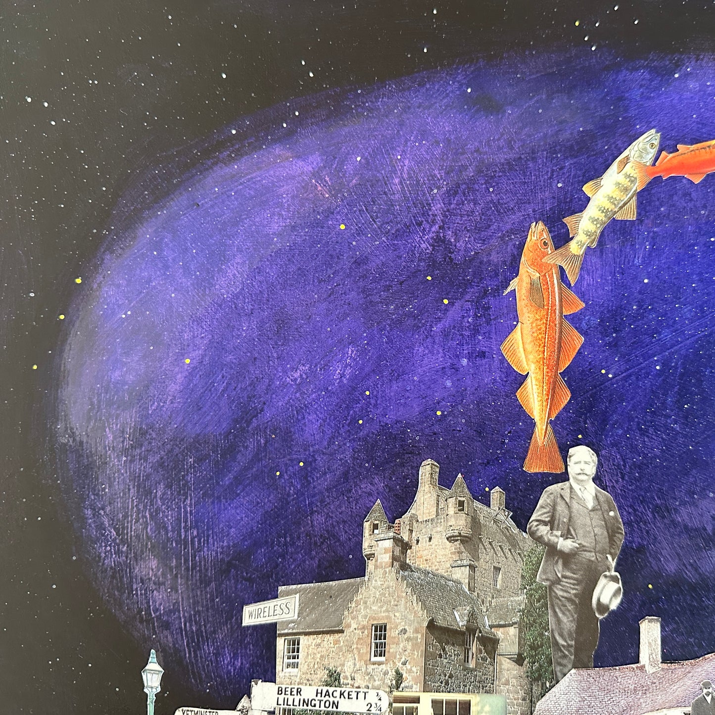Collage of a fish with a rocket, a house, and a person against a starry sky.