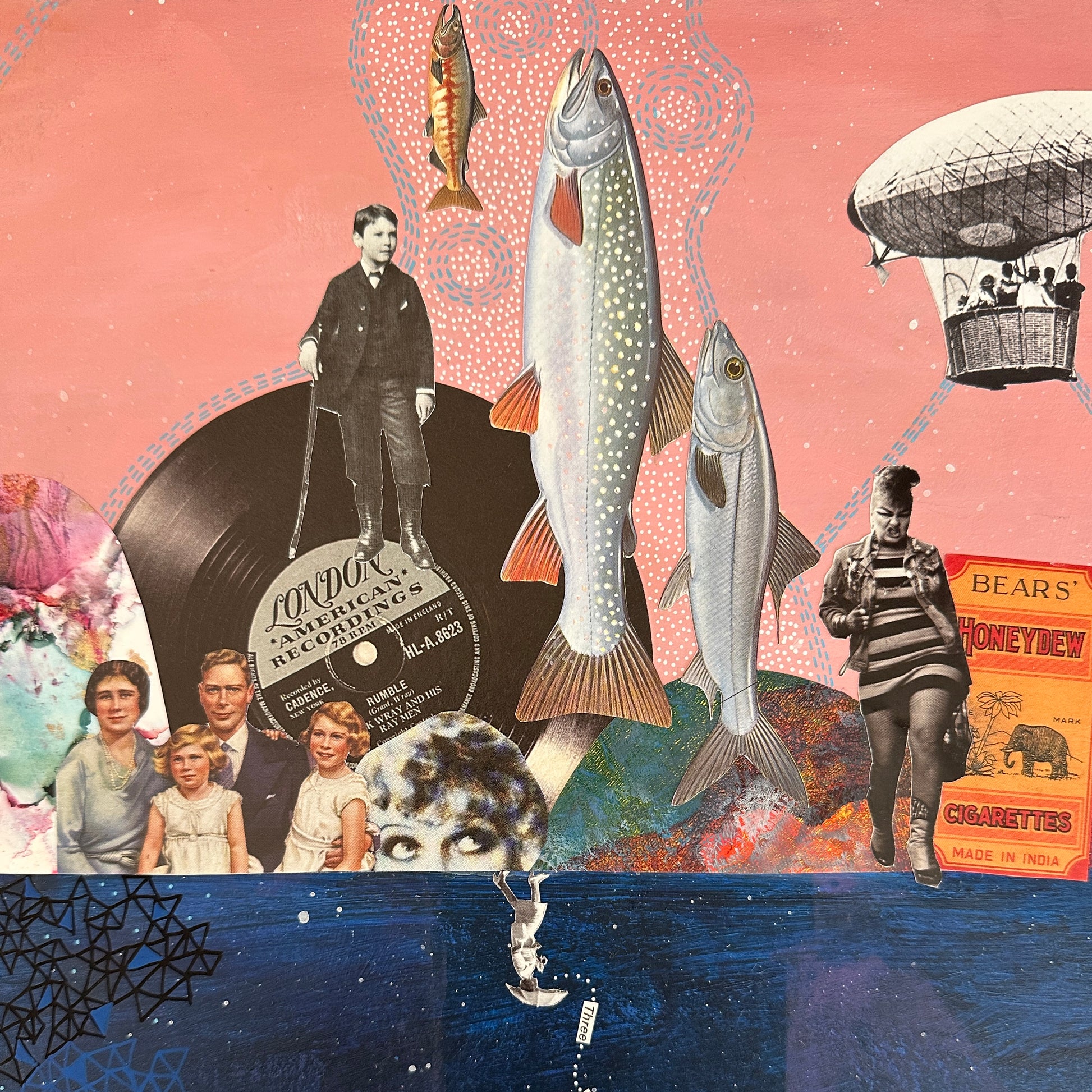 Collage with vintage-style elements including fish, people, and a hot air balloon.