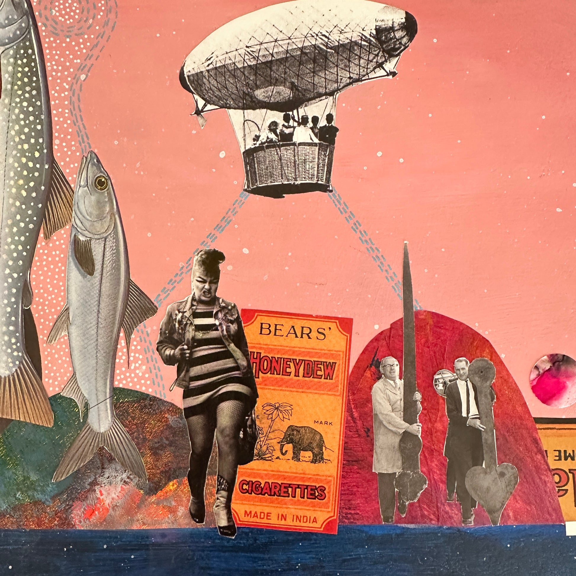 Collage with vintage elements including a woman, fish, airship, and vintage advertisement on a pink background.