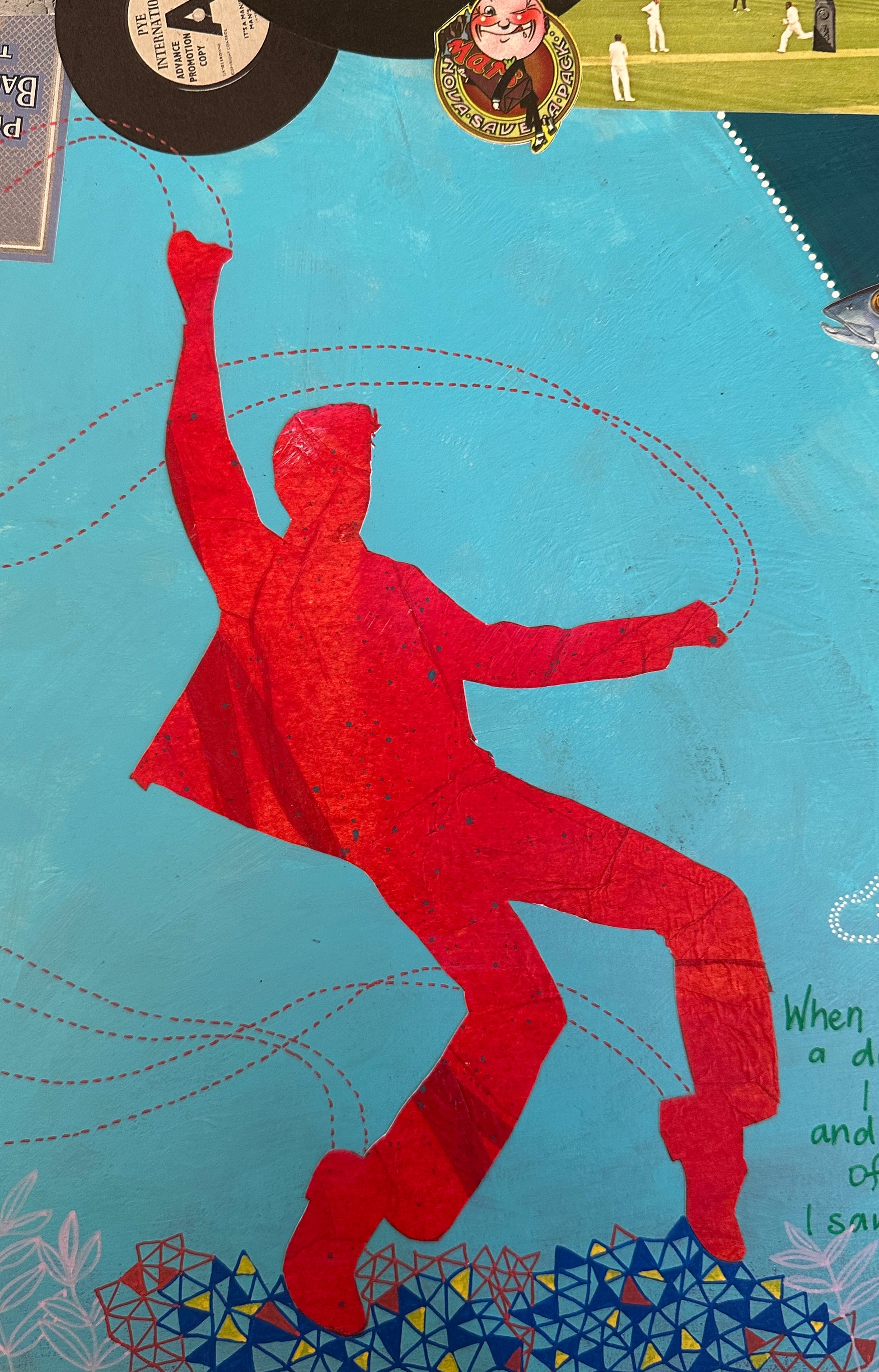 Collage with a red silhouette of a person, blue background, and vintage elements.