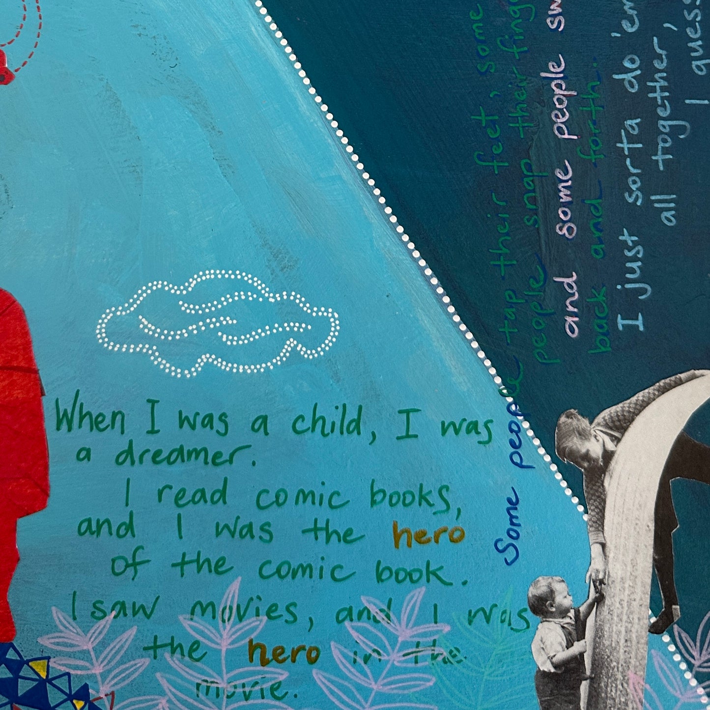 Collage with text and illustrations, including a child and a cloud, on a blue and dark blue background.