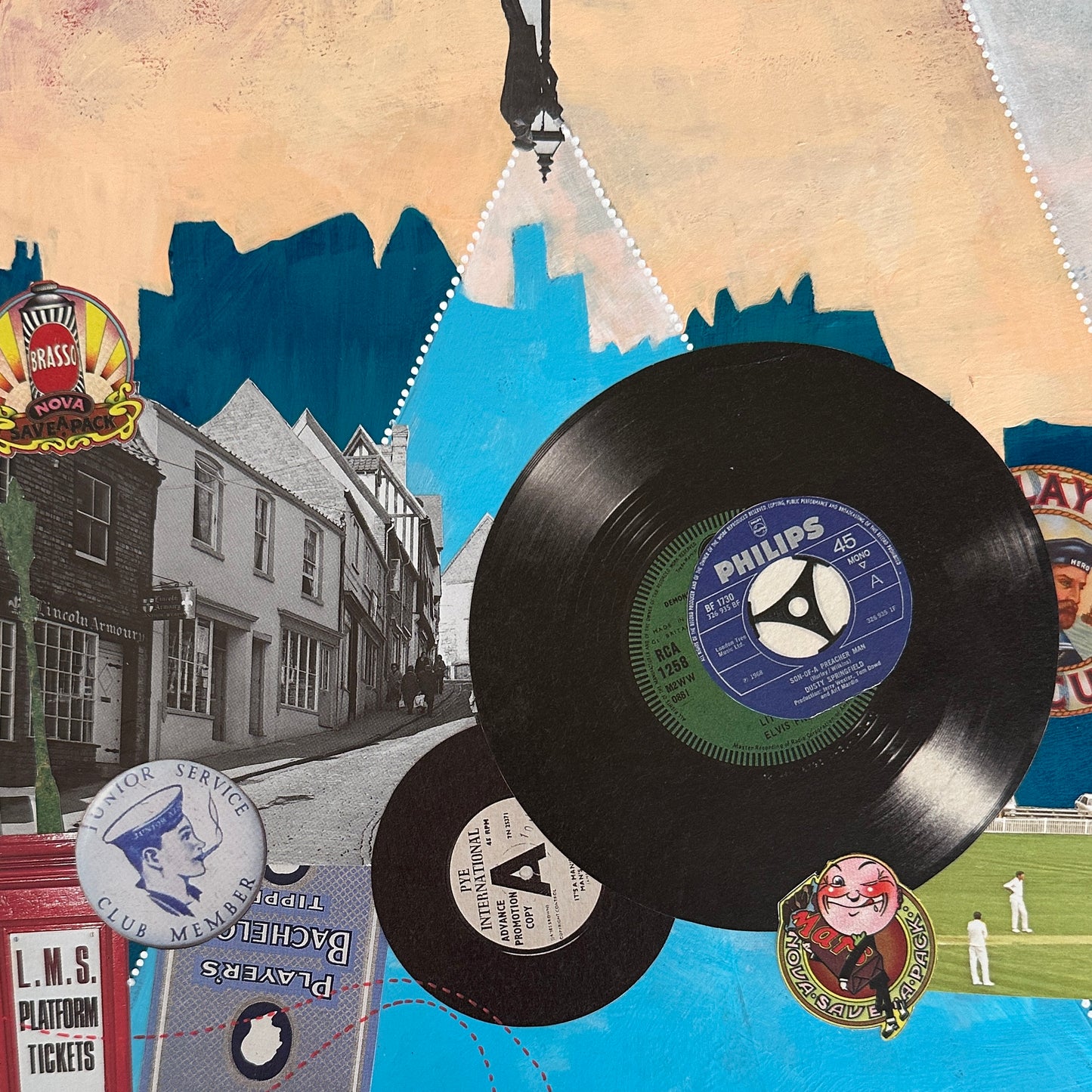 Collage with vinyl records, vintage posters, and a street scene.