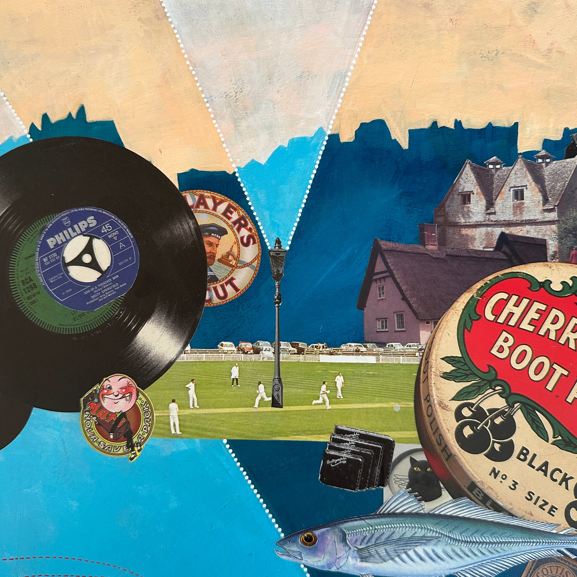 Collage of vintage items including a vinyl record, cheroot box, and cricket scene.