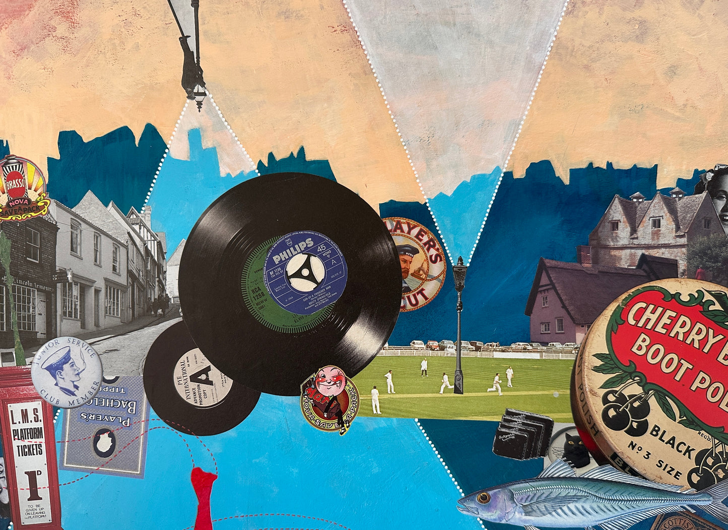 Collage with vintage records, labels, and images of a town square.