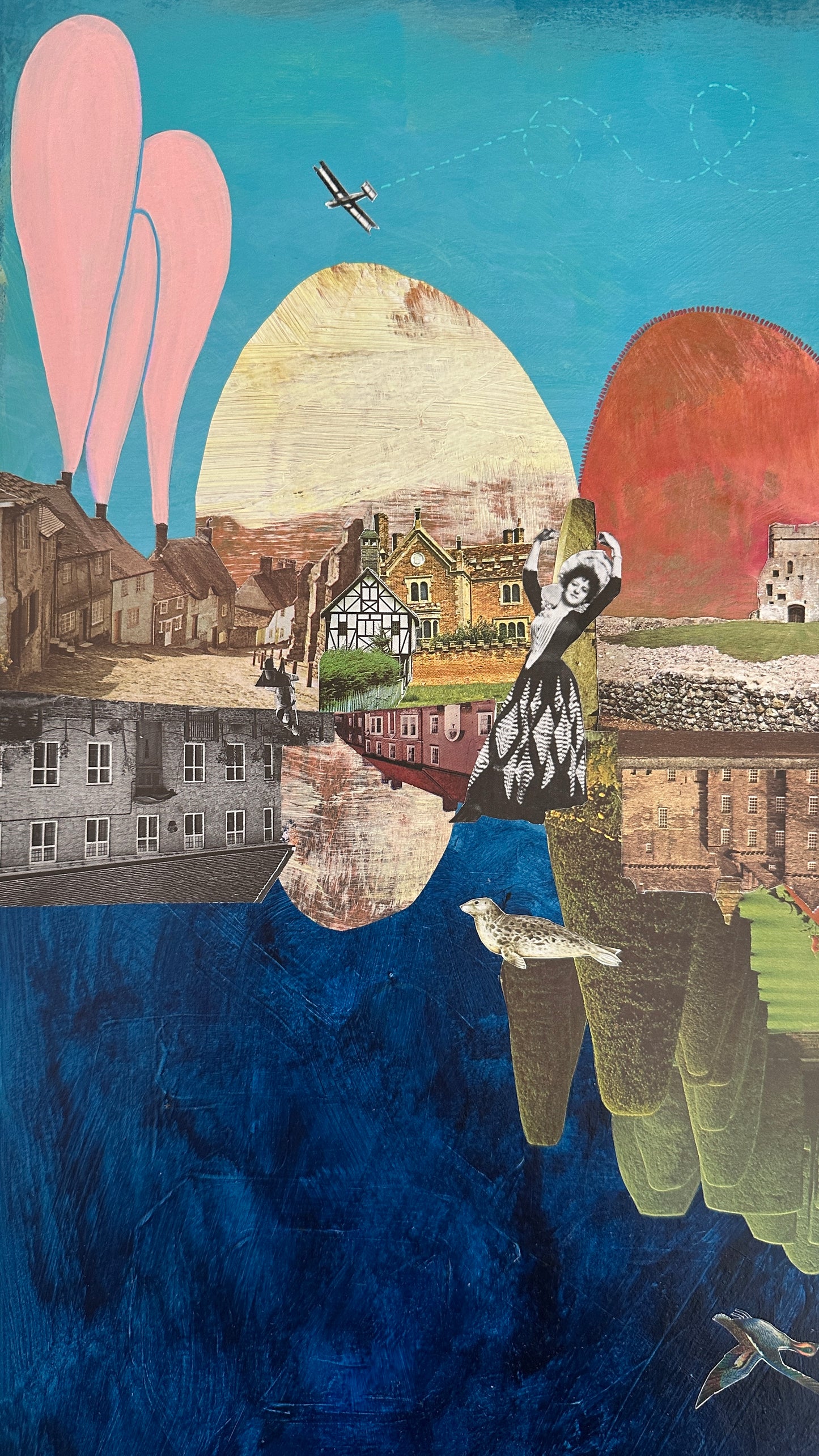 Collage with houses, a boat, and abstract shapes on a blue background