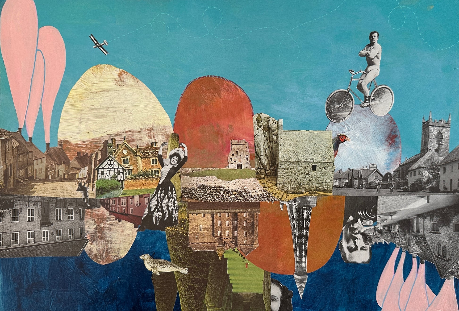 Collage of various elements including buildings, people, and abstract shapes on a blue background