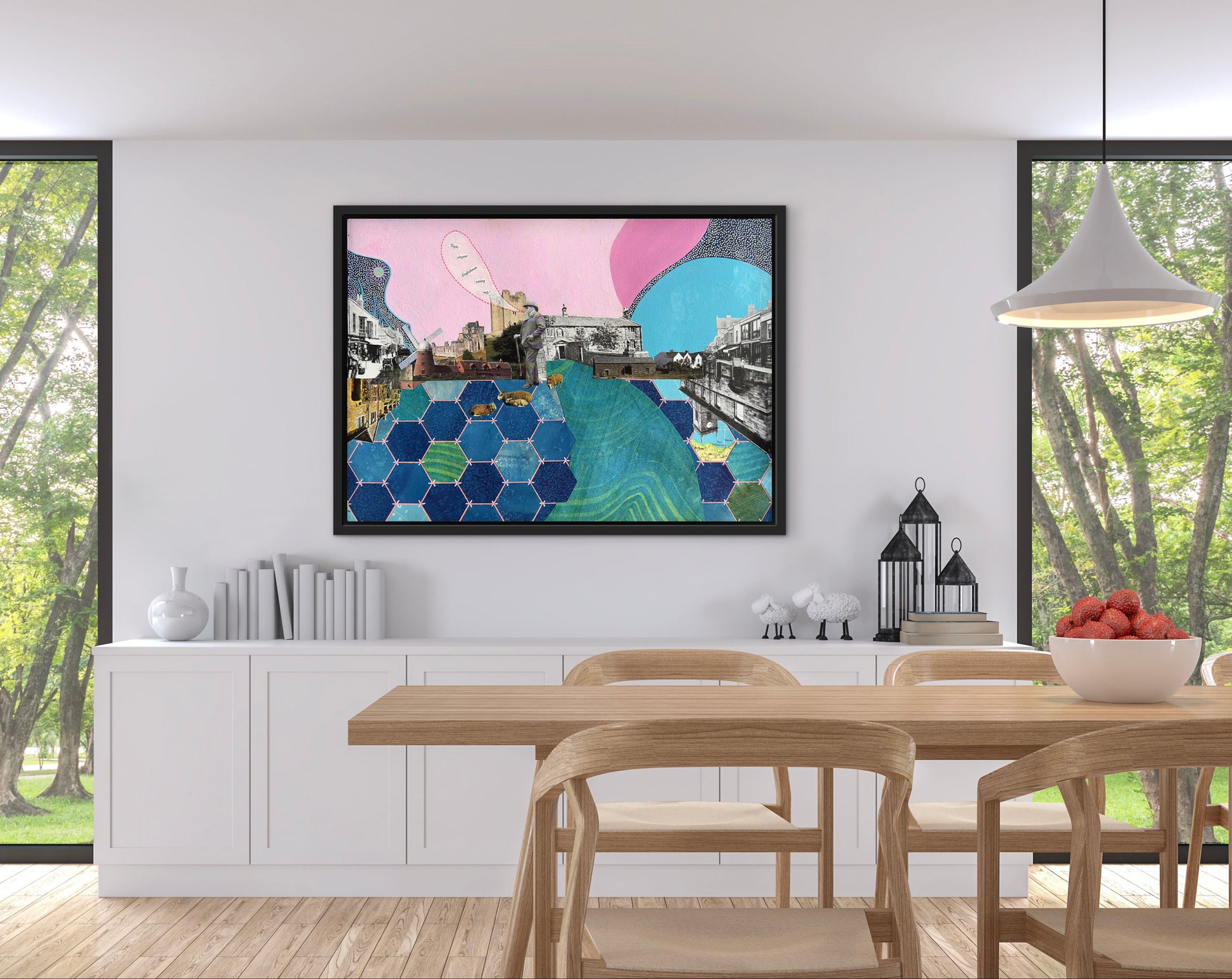 Dining room with a colorful abstract painting on the wall