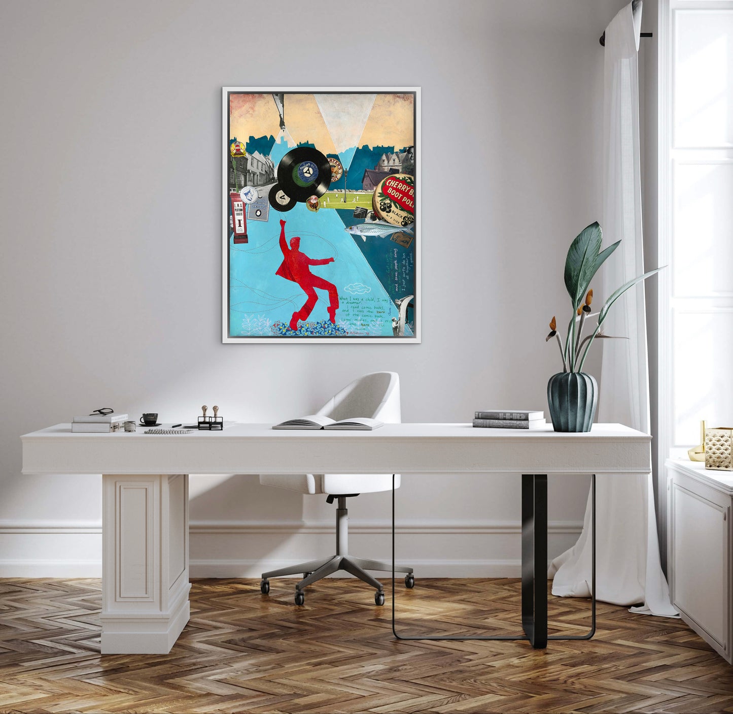 Modern office interior with a white desk, chair, and colorful abstract art on the wall.
