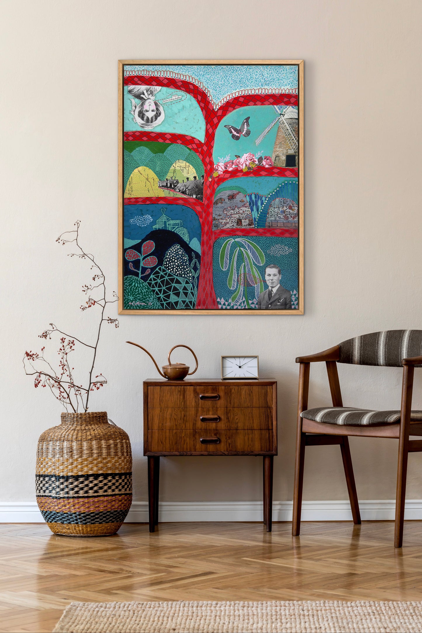 Colorful abstract wall art in a room with wooden furniture and decor.