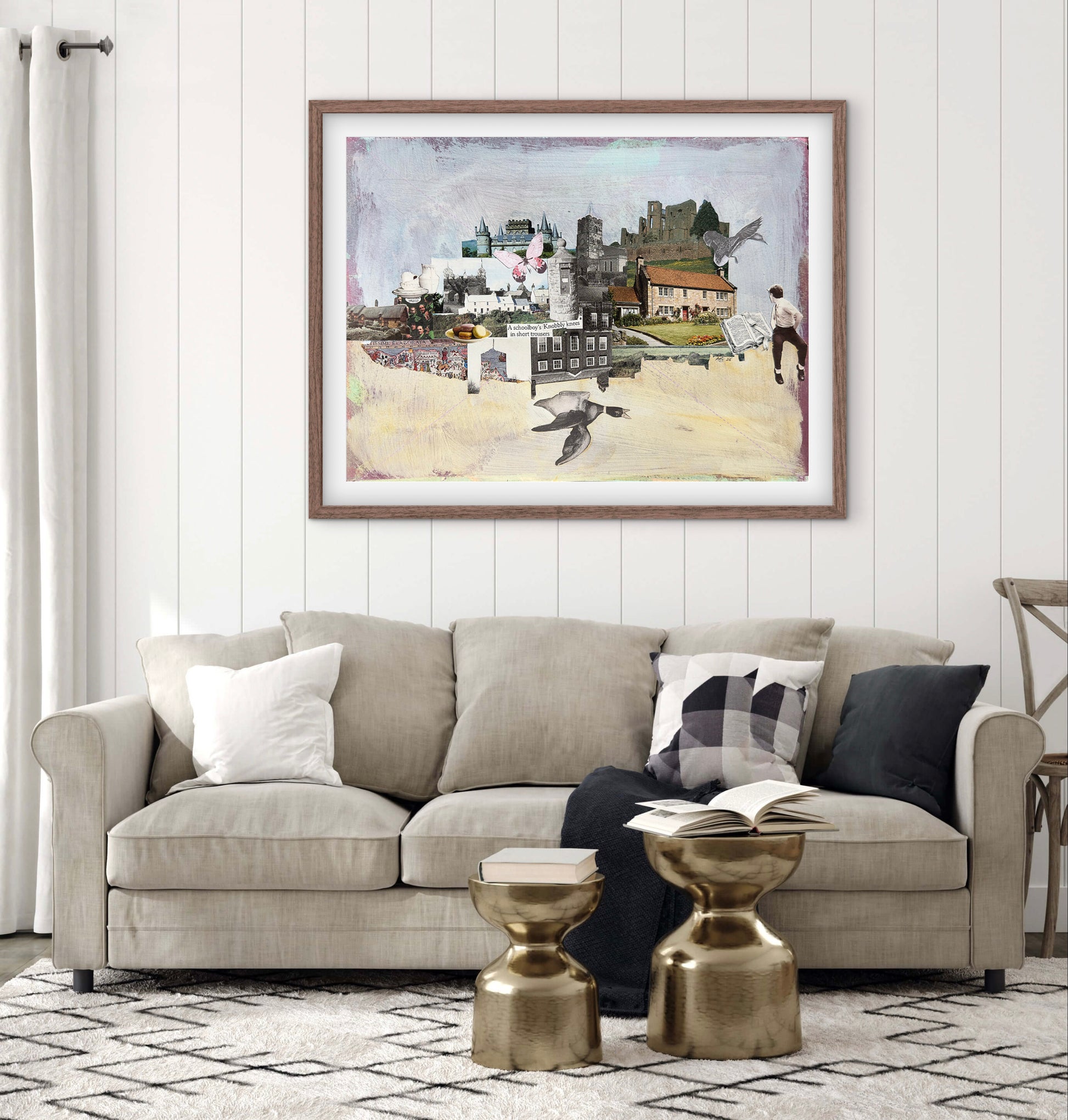 Living room with a beige sofa, decorative pillows, and a framed artwork on the wall.