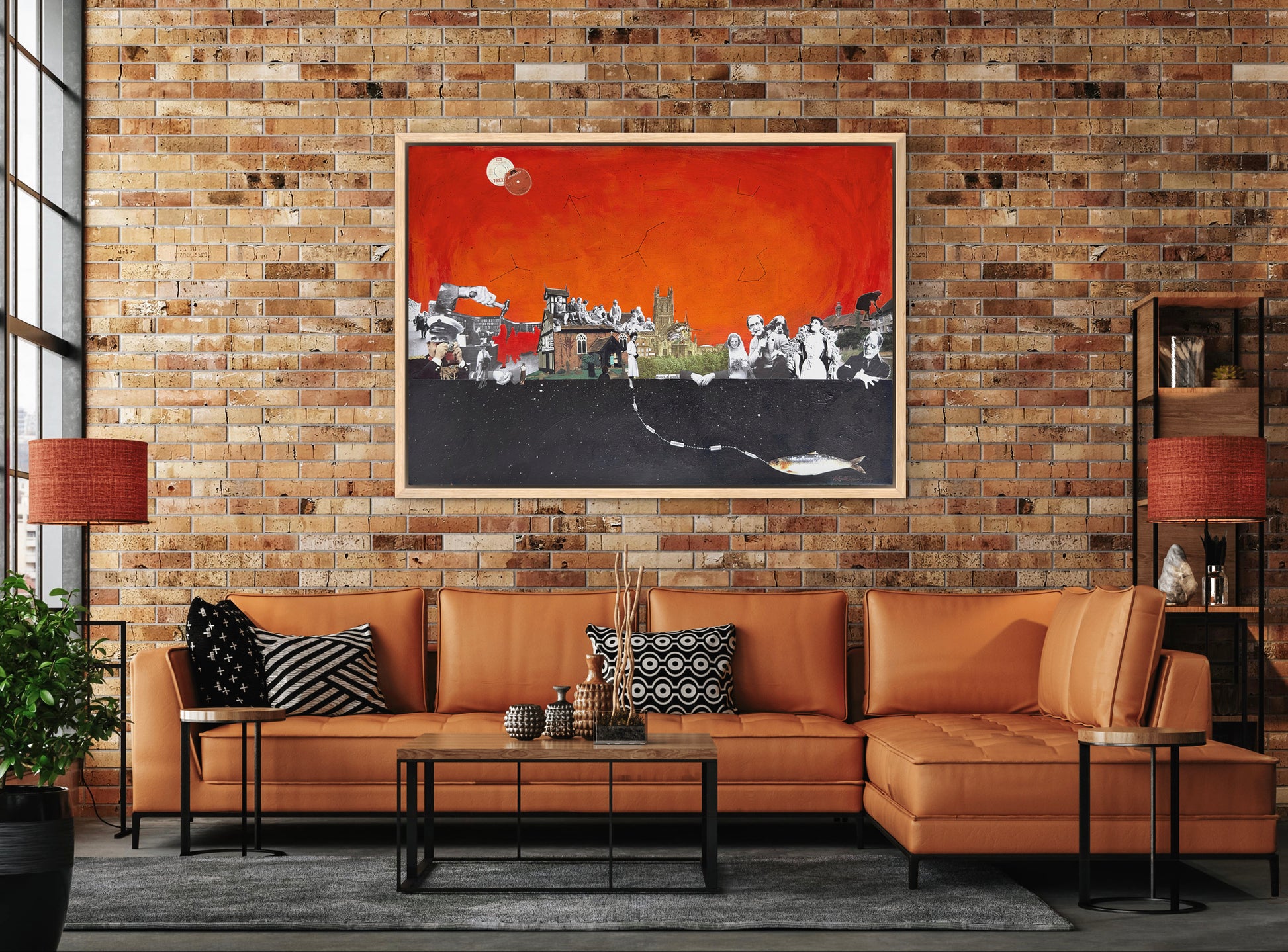 Modern living room with brown sectional sofa, coffee table, and brick wall with artwork.