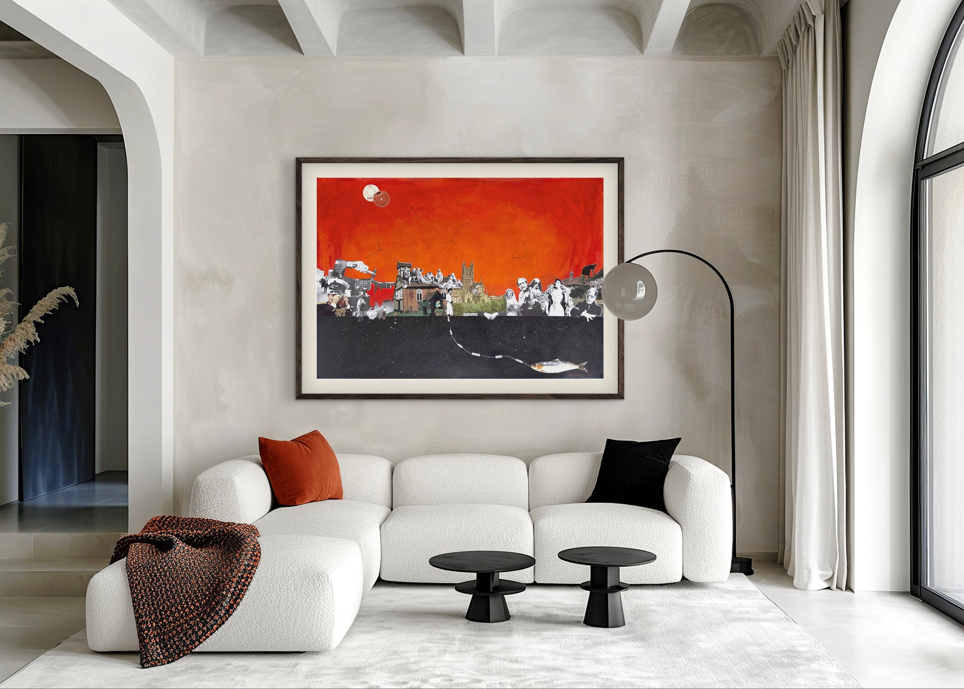 Modern living room with a white sofa, colorful painting, and stylish decor.