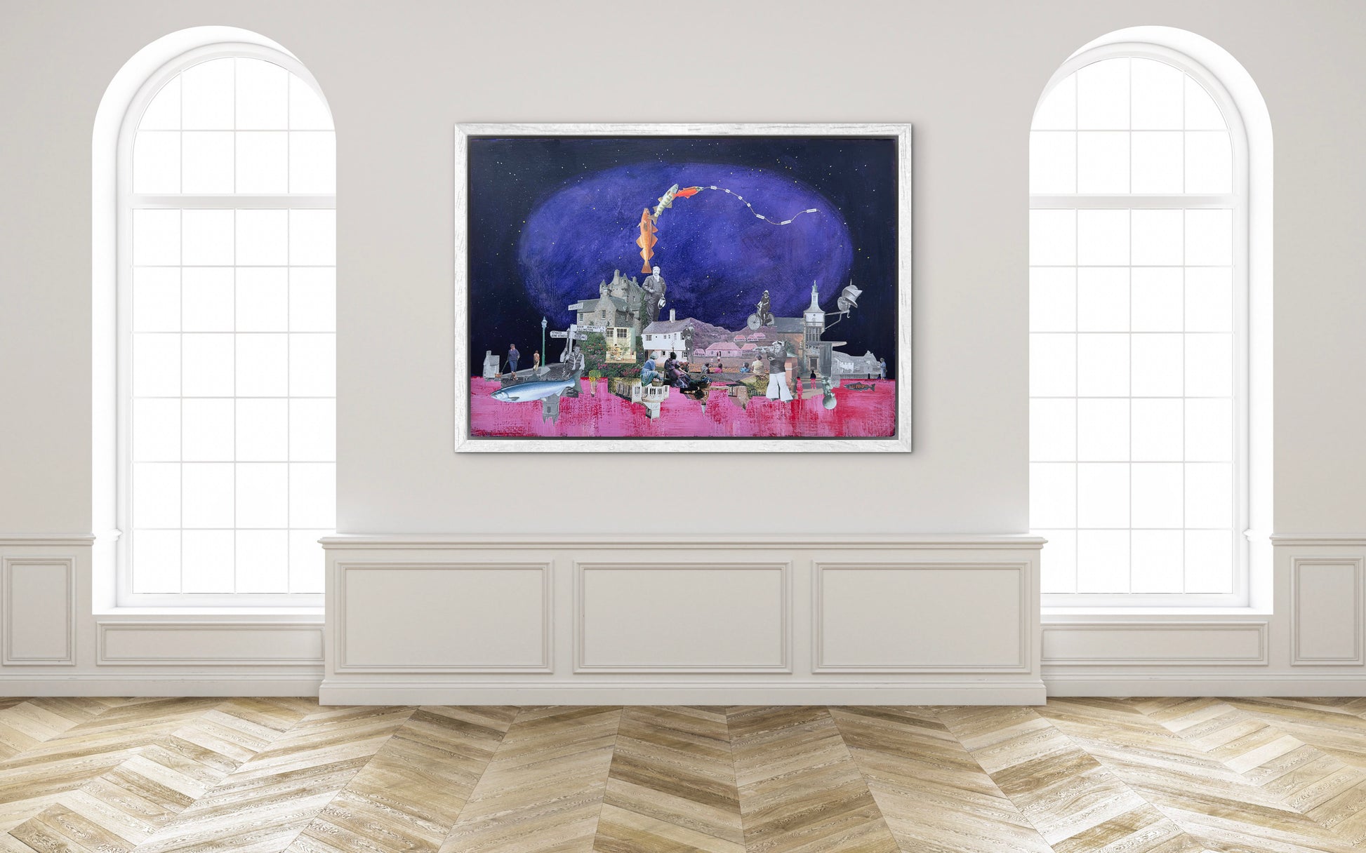 Framed artwork of a cityscape with a purple sky on a wall in a room with arched windows.
