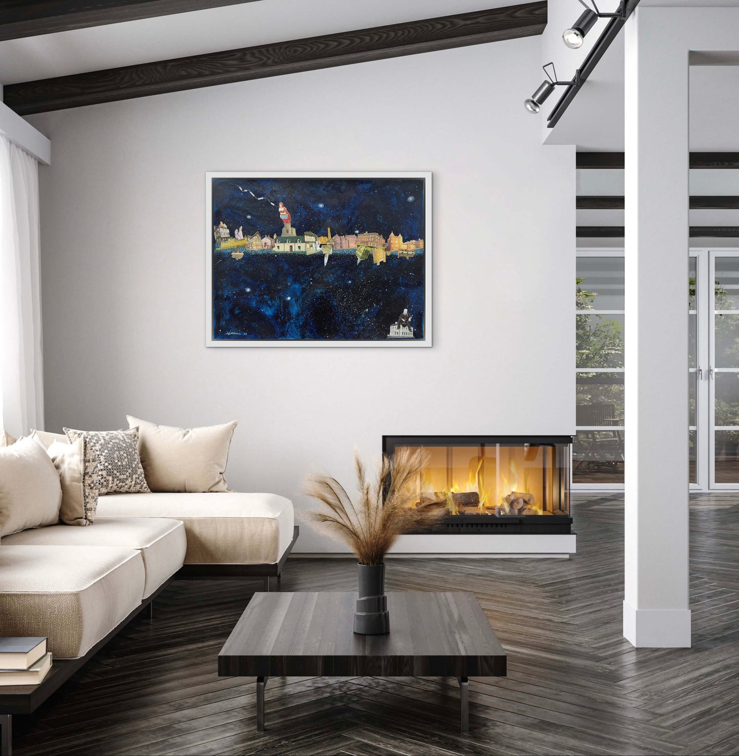 Modern living room with a fireplace, sofa, and artwork on the wall.