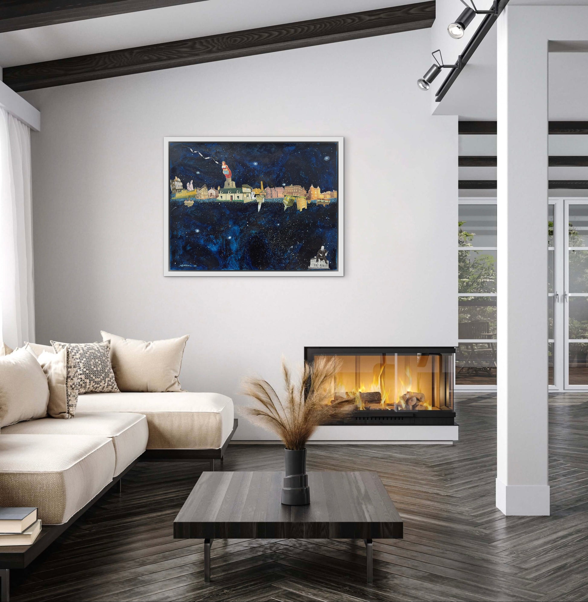 Modern living room with a fireplace, sofa, and artwork on the wall.