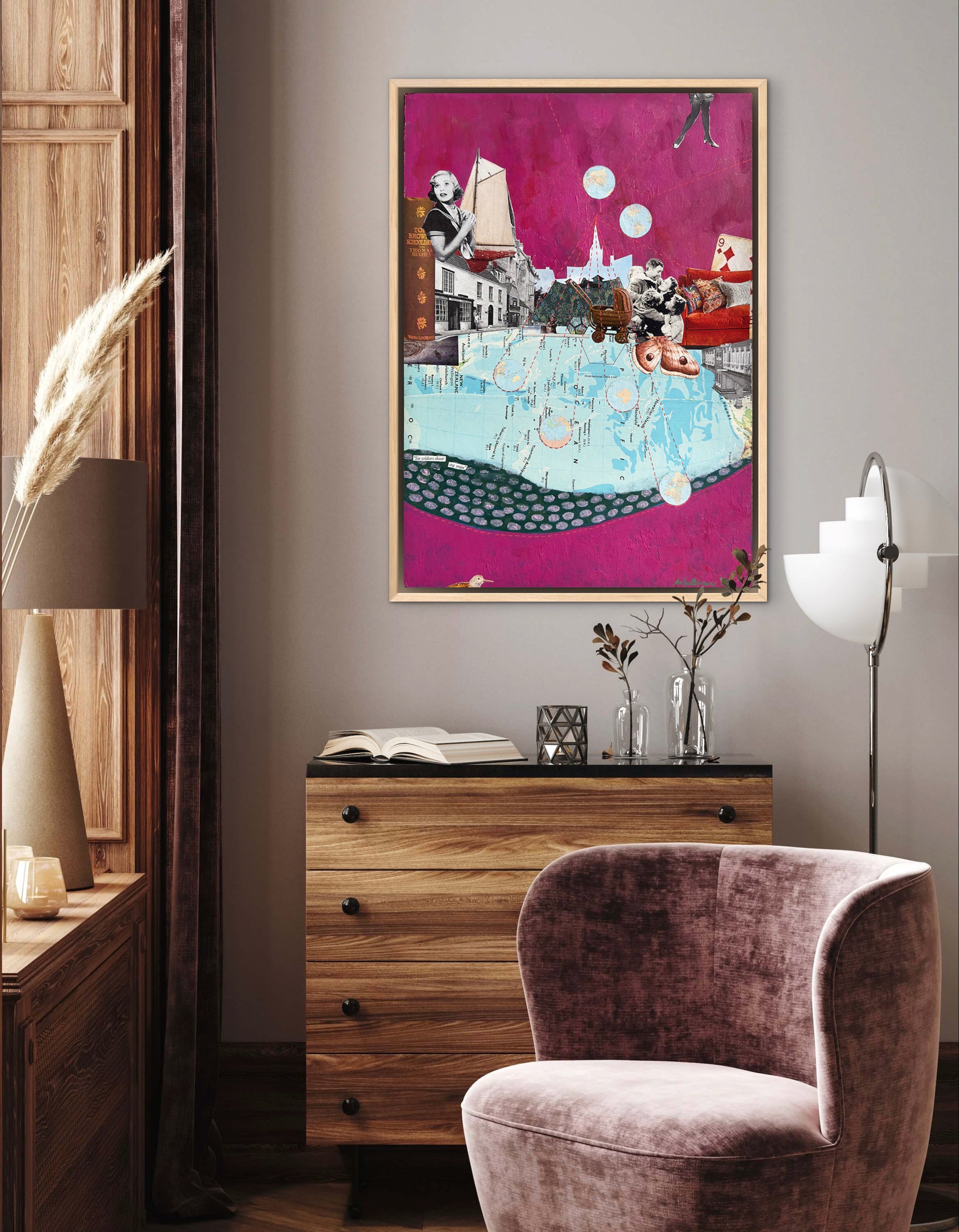 Decorative interior with a colorful framed artwork on the wall, wooden dresser, and purple chair.