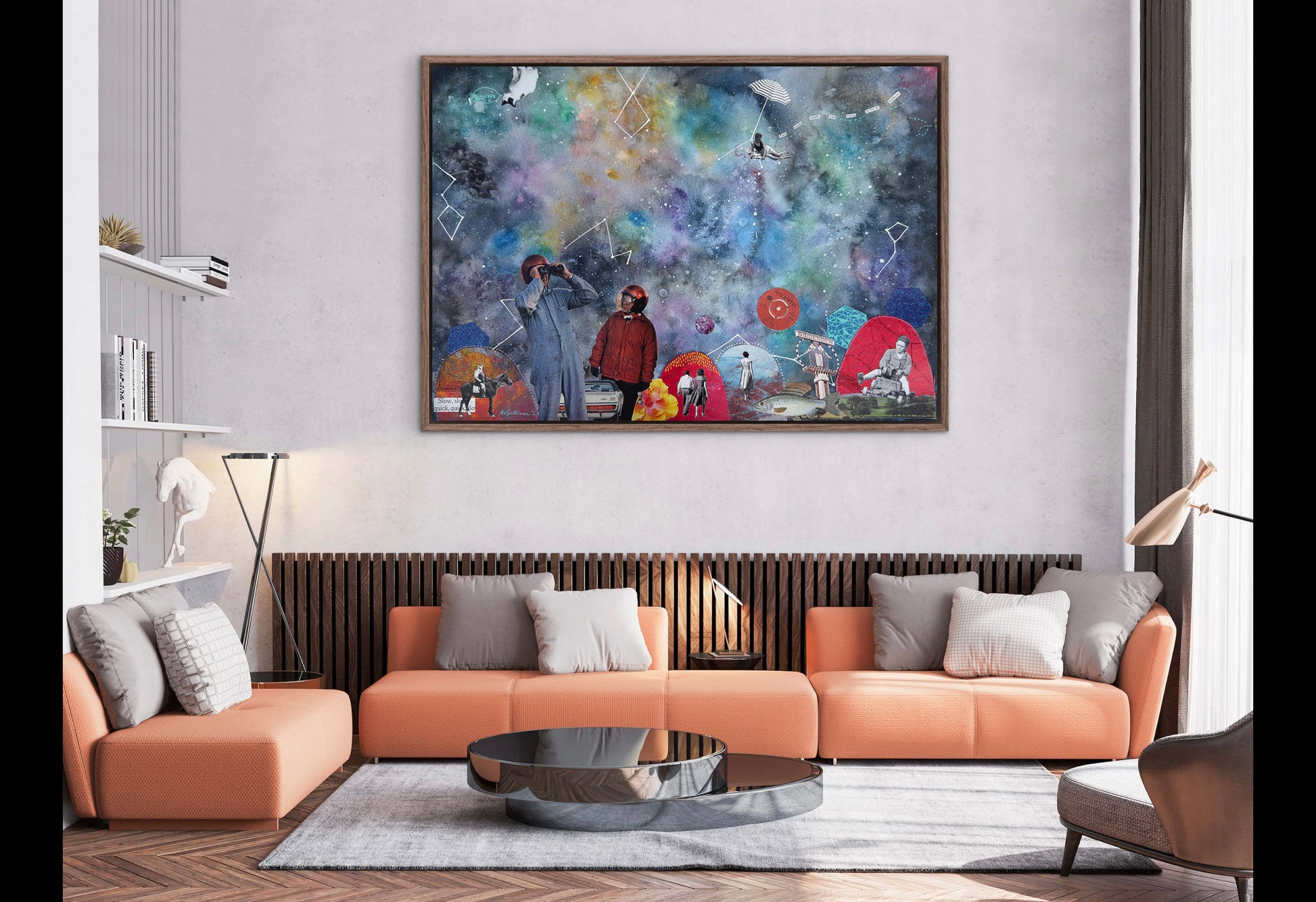 Modern living room with a colorful abstract painting on the wall.