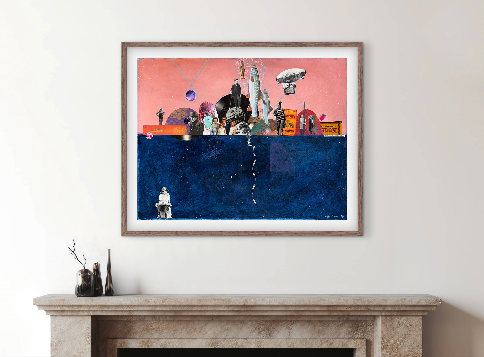 on a white wall above a fireplace.