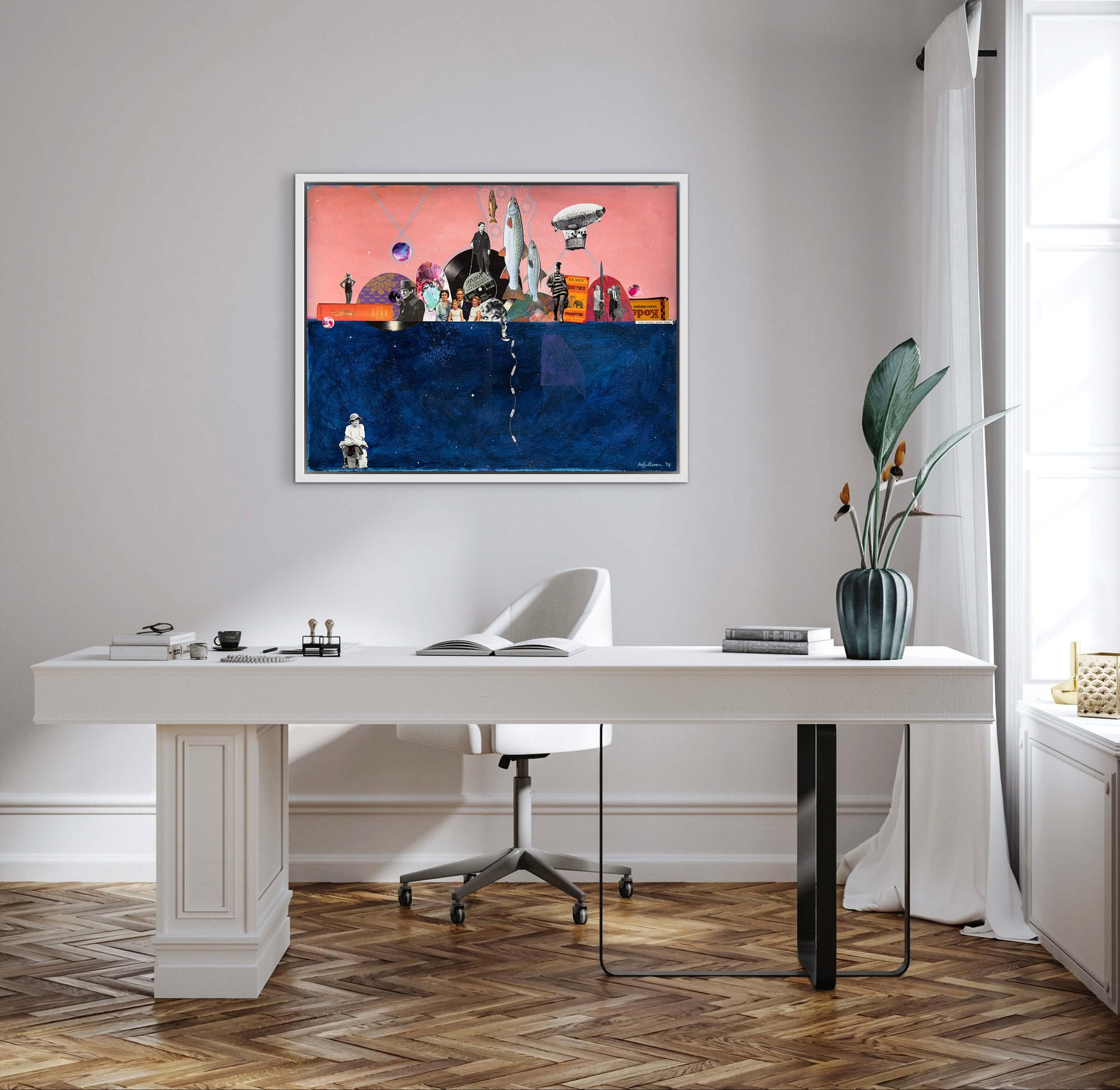 Modern office interior with a white desk, chair, and artwork on the wall.