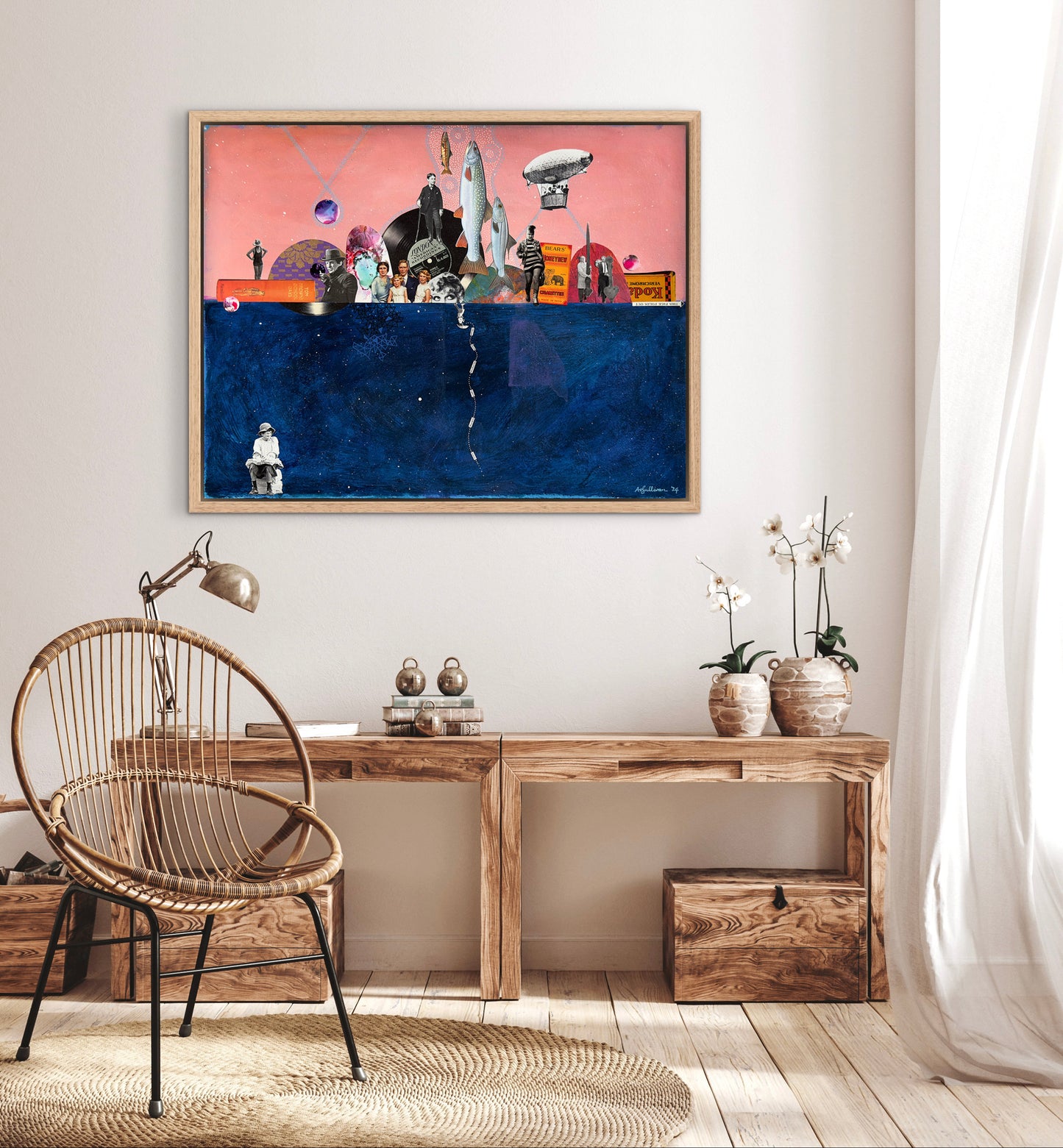 Modern home office with wooden desk, chair, and abstract painting on wall.