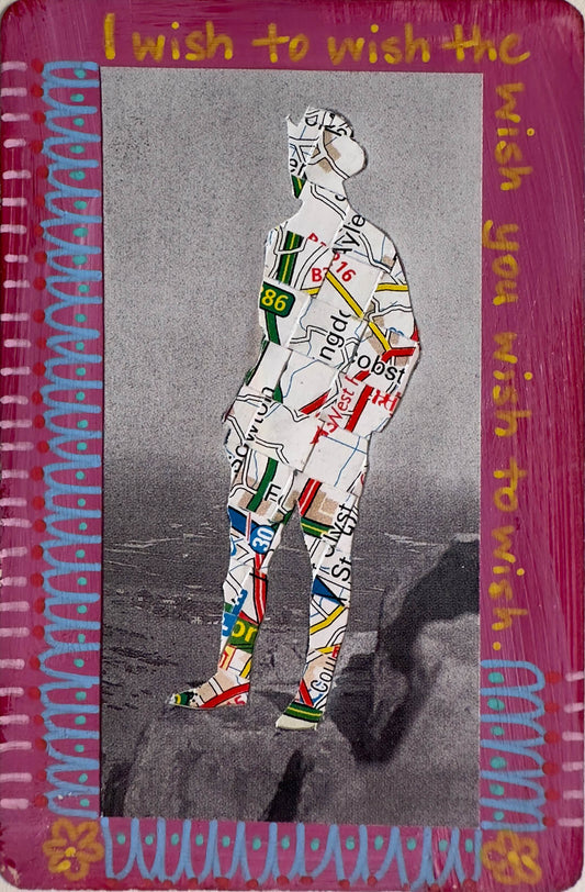 Artistic depiction of a figure with colorful patterns on a textured background