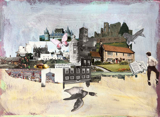 Collage with various elements including buildings, animals, and a person reading a newspaper.